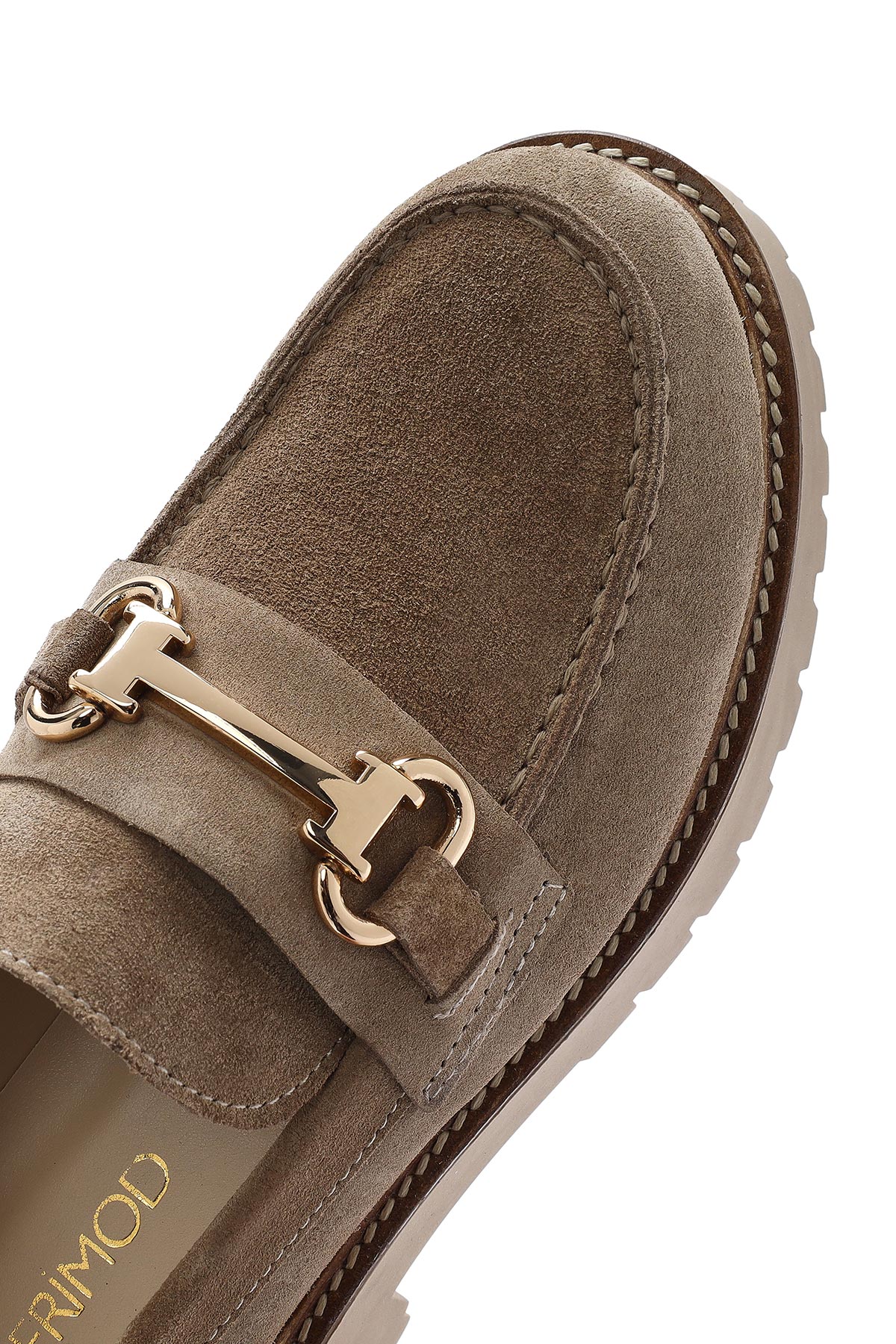 Kadın Bej Kalın Tabanlı Aksesuarlı Süet Deri Maskülen Loafer - Image 8