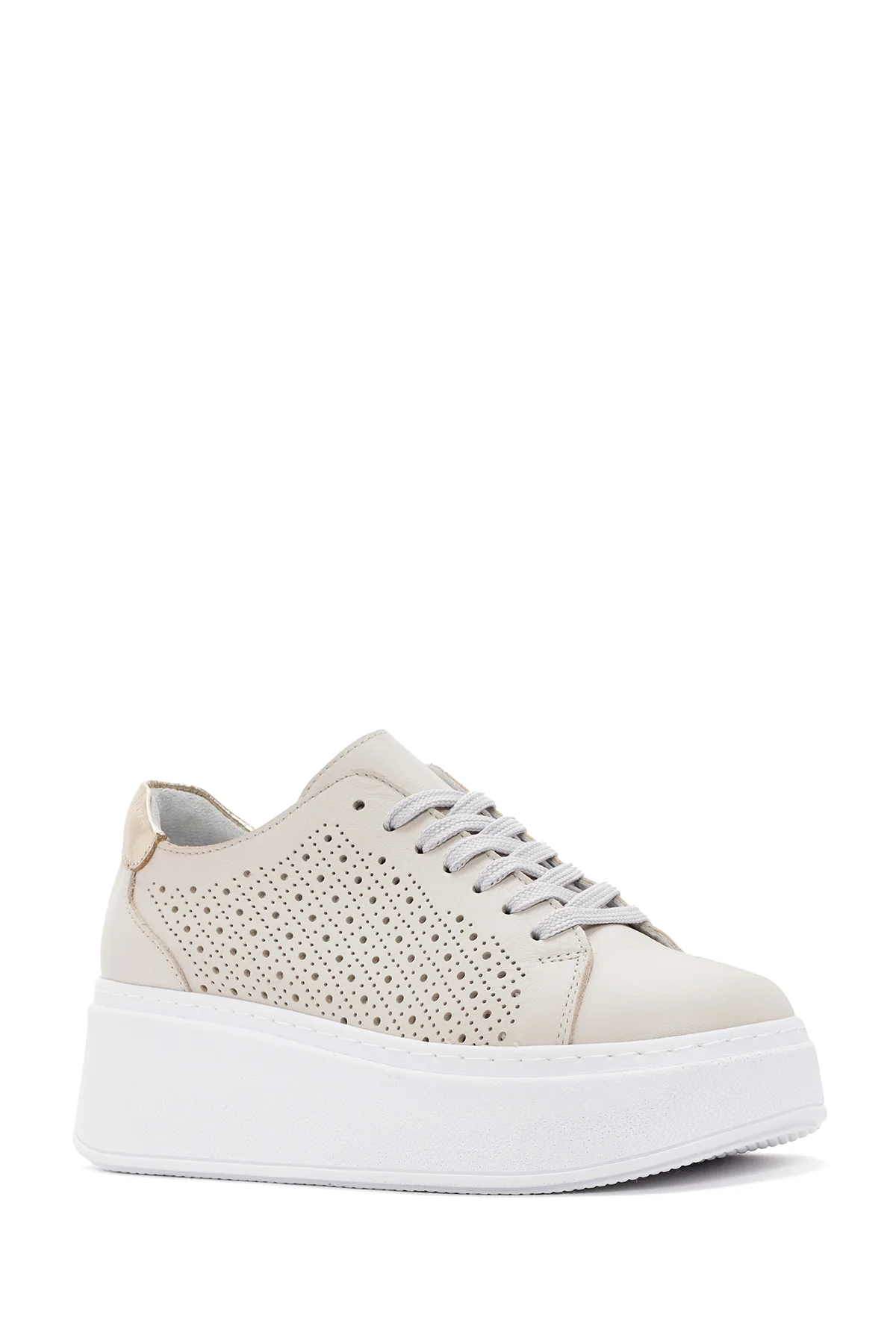 Kadın Bej Kalın Tabanlı Bağcıklı Deri Sneaker - Image 6