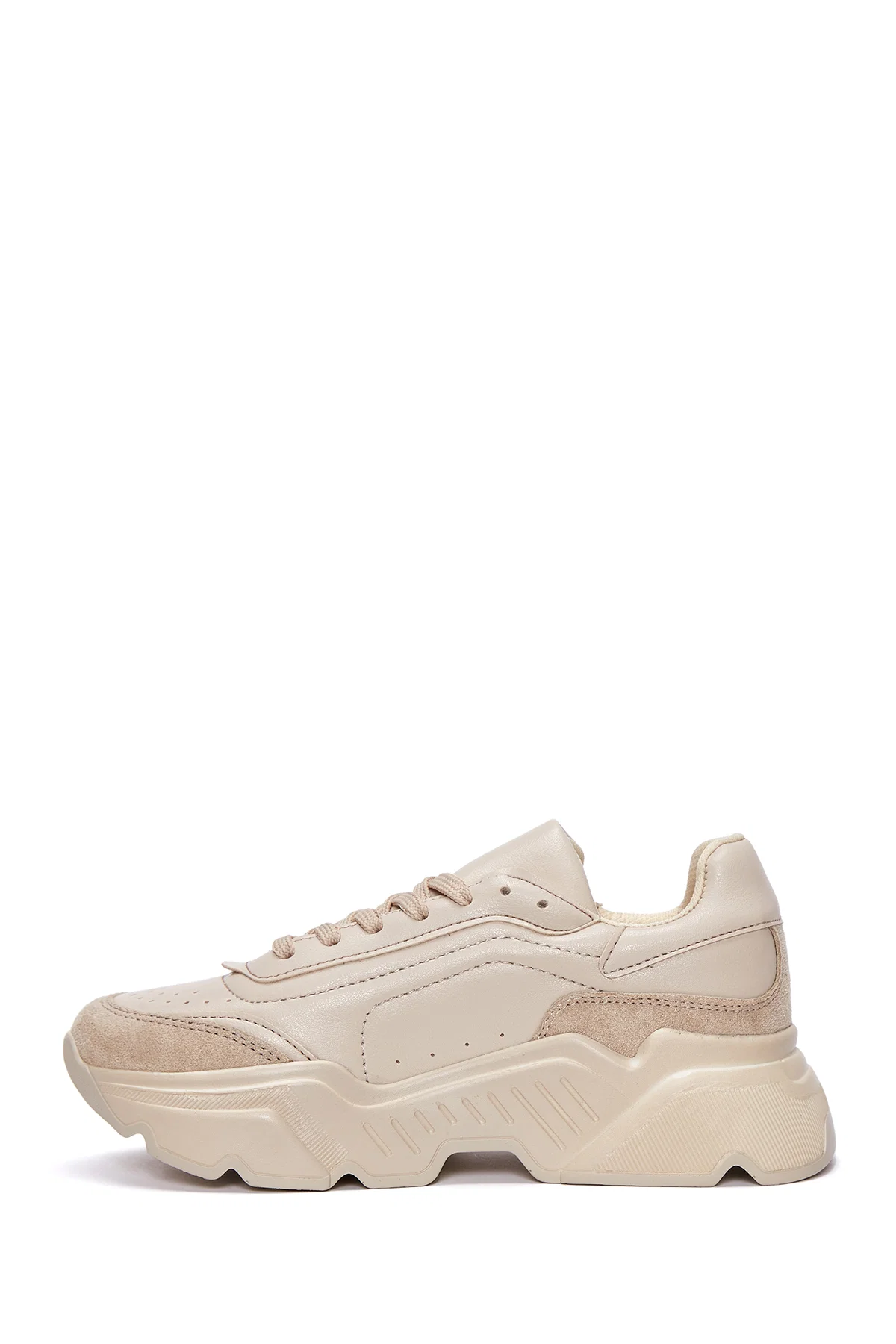 Kadın Bej Kalın Tabanlı Bağcıklı Sneaker - Image 2