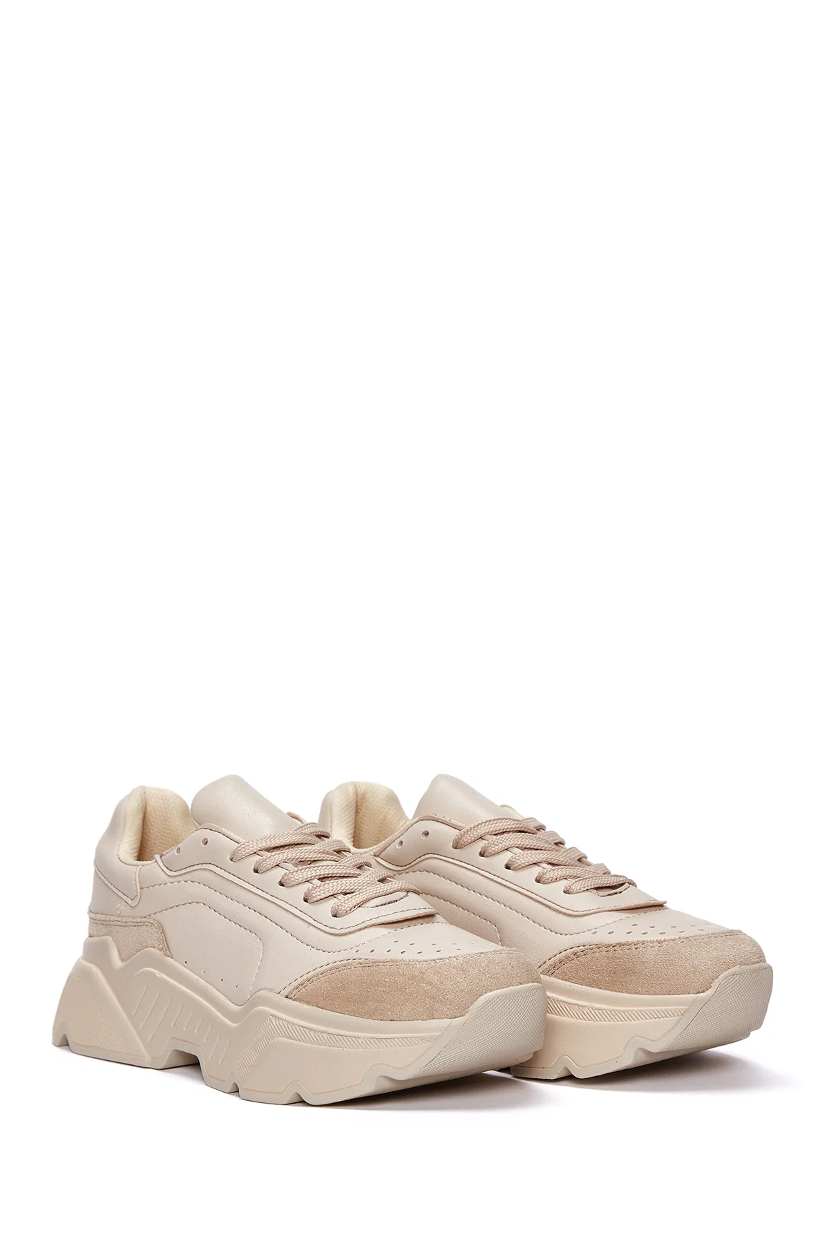 Kadın Bej Kalın Tabanlı Bağcıklı Sneaker - Image 3
