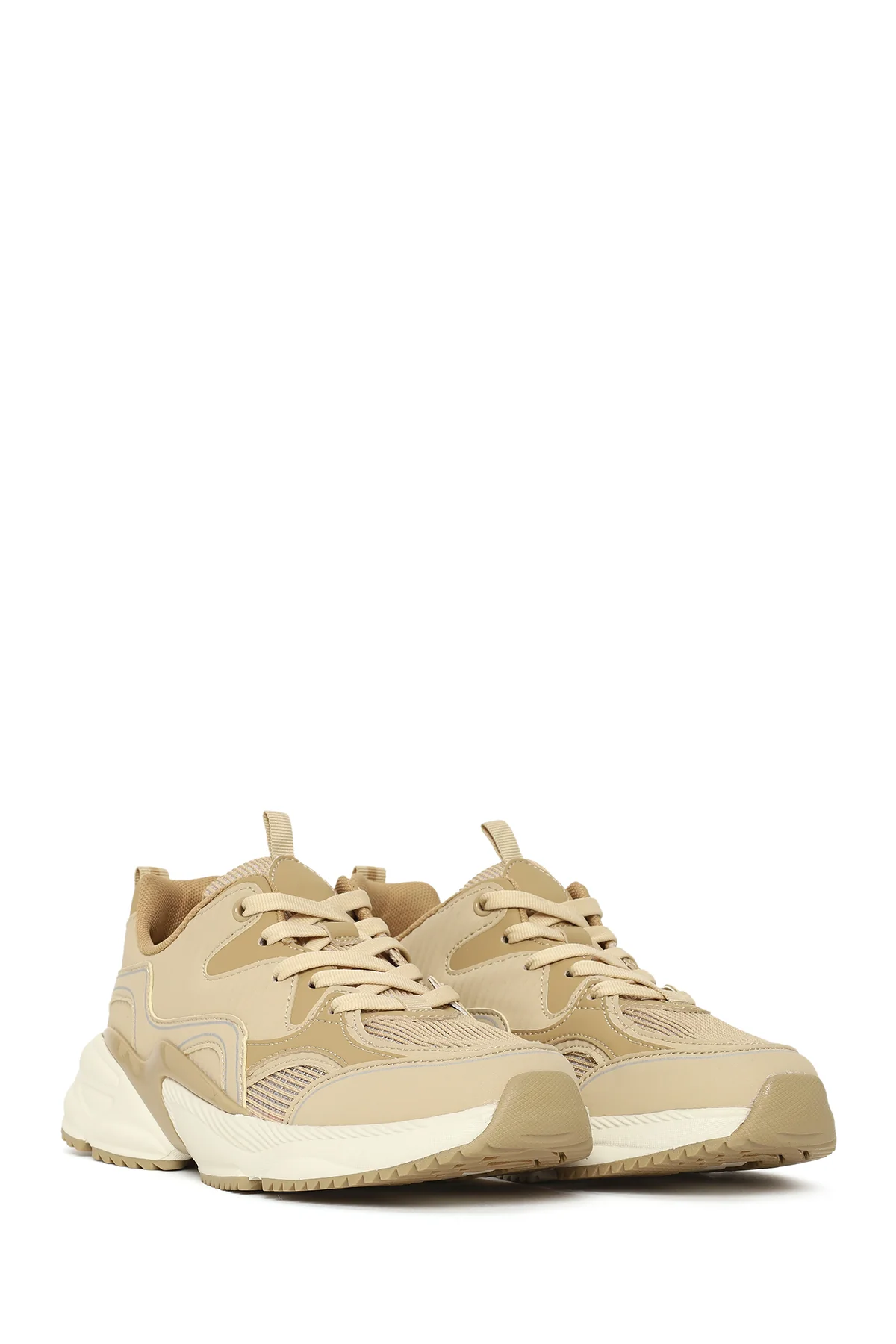 Kadın Bej Kalın Tabanlı Bağcıklı Sneaker - Image 2