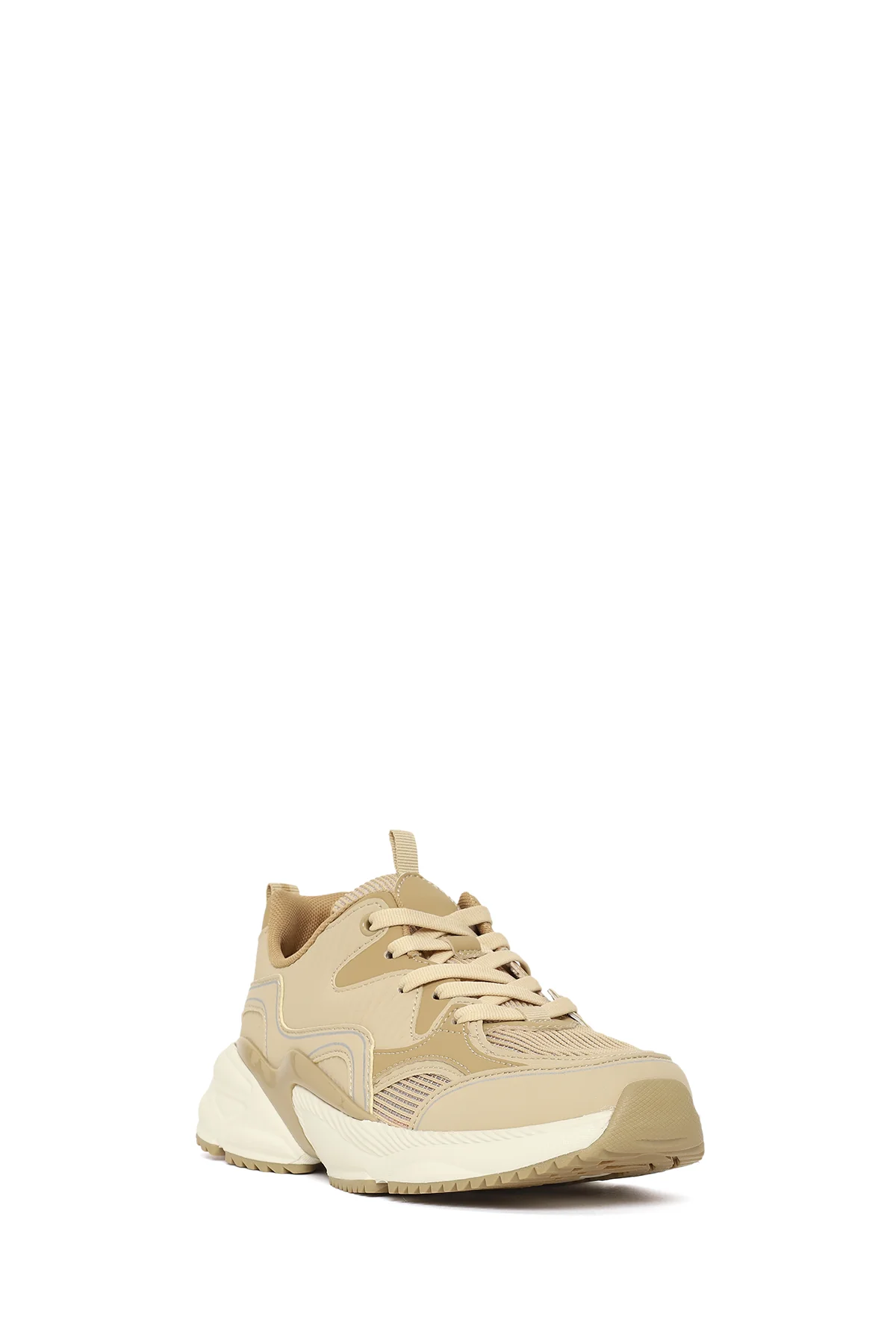 Kadın Bej Kalın Tabanlı Bağcıklı Sneaker - Image 7