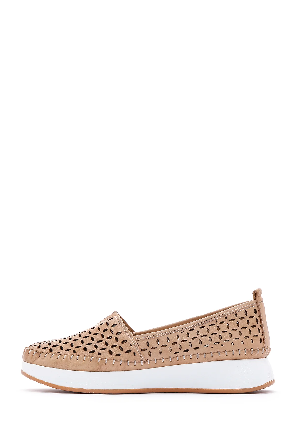 Kadın Bej Kalın Tabanlı Deri Konfor Loafer - Image 3