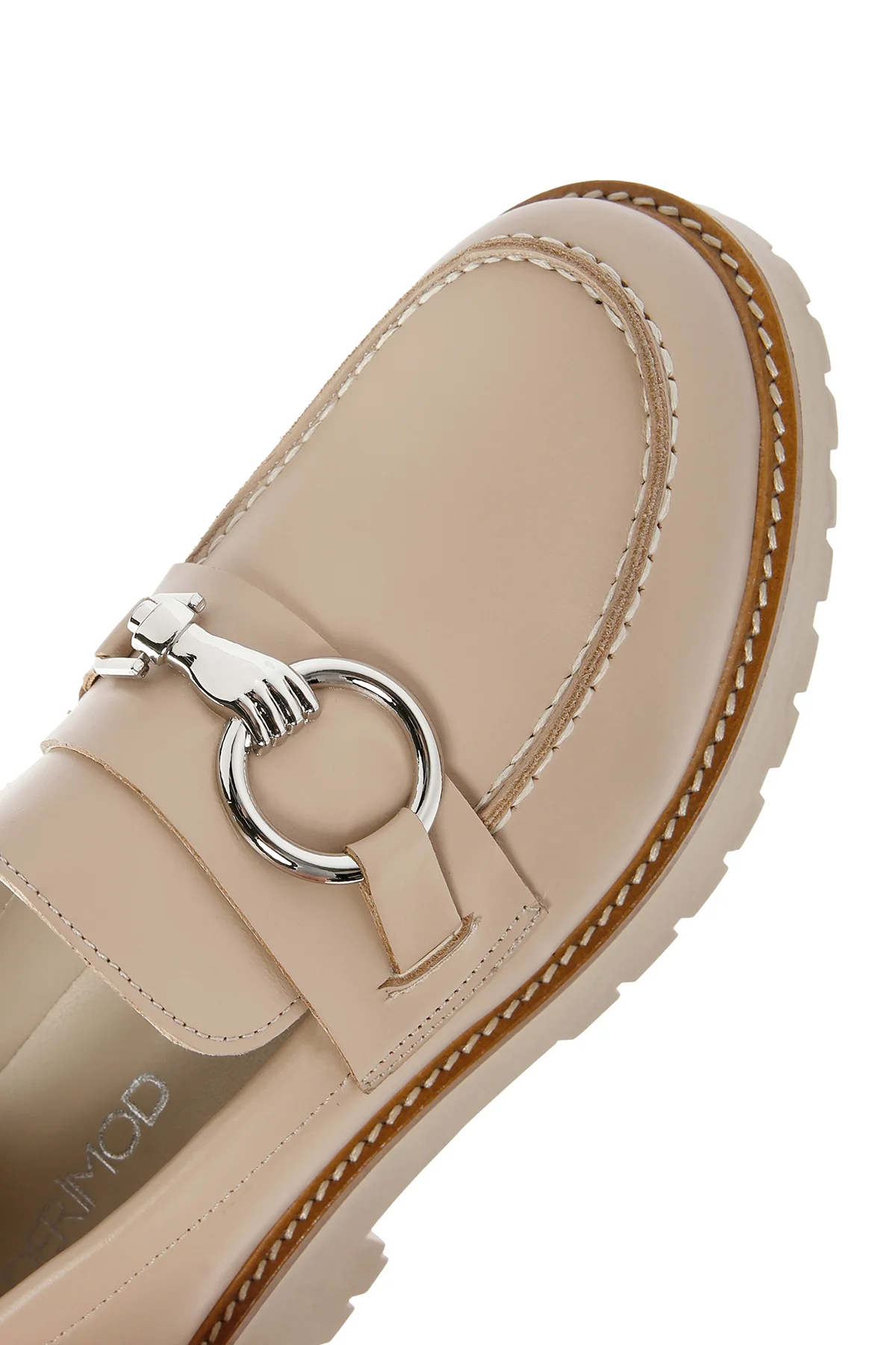 Kadın Bej Kalın Tabanlı Deri Maskülen Loafer - Image 9