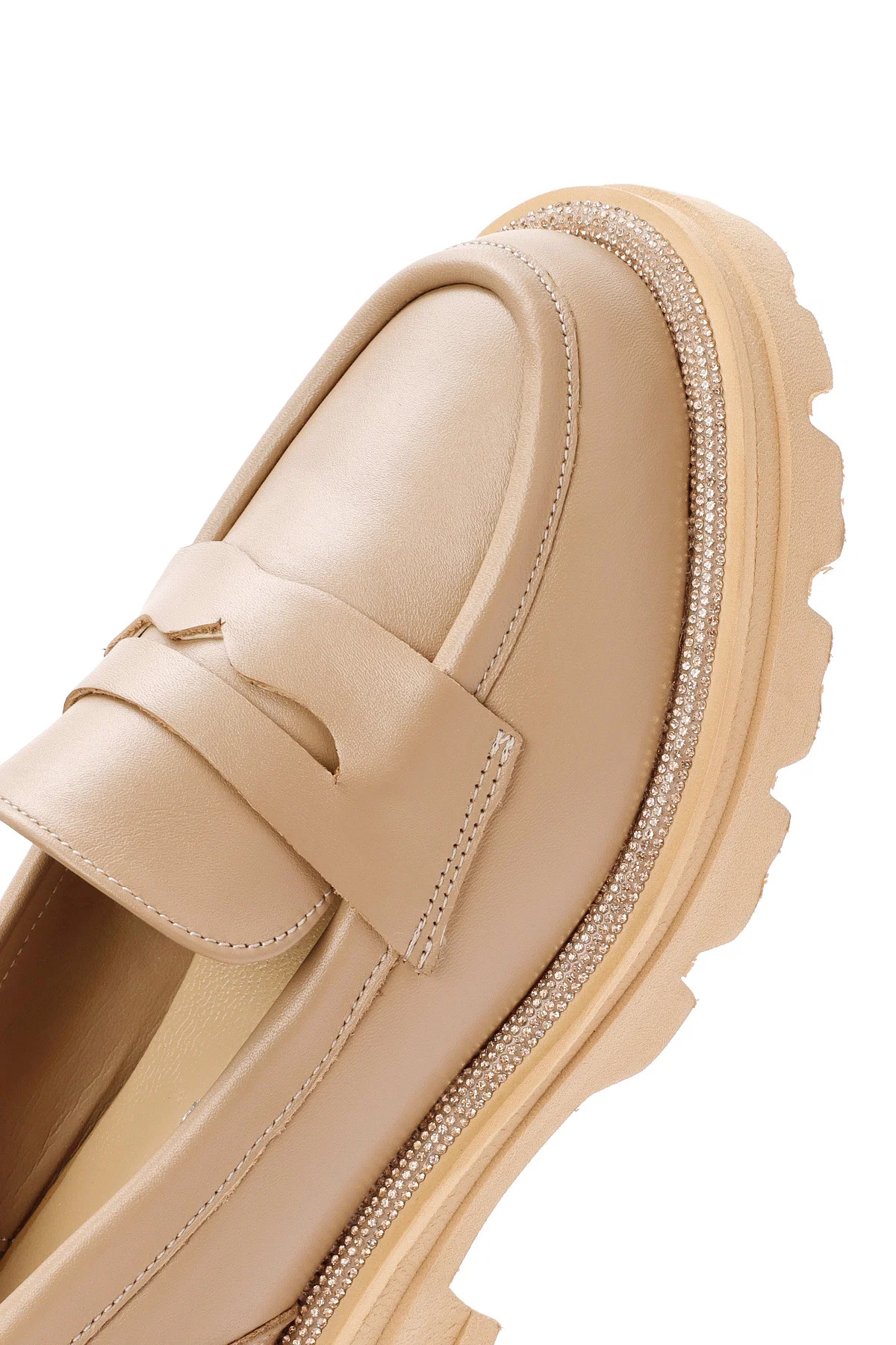 Kadın Bej Kalın Tabanlı Deri Maskülen Loafer - Image 10