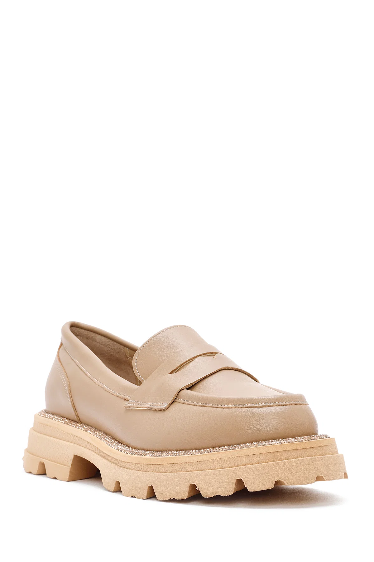 Kadın Bej Kalın Tabanlı Deri Maskülen Loafer - Image 6