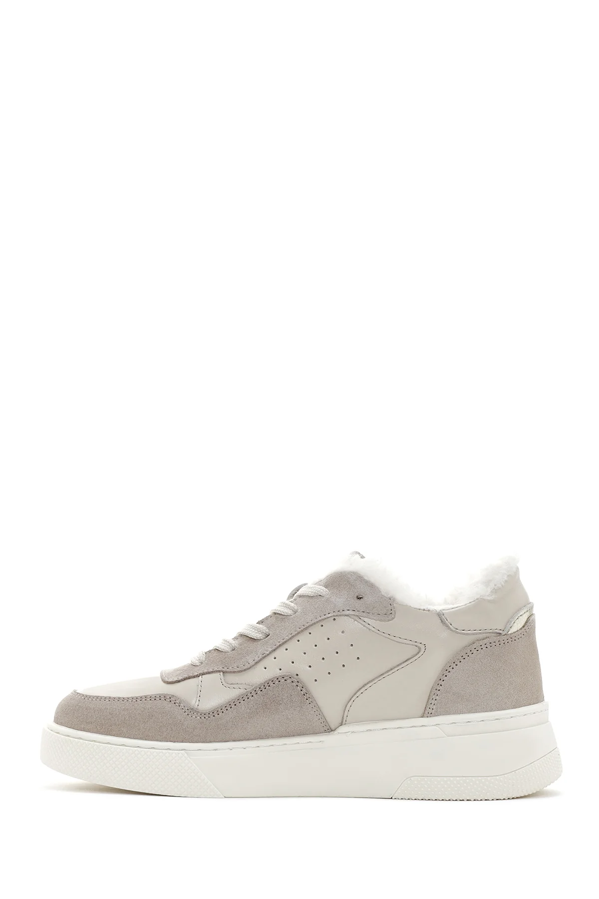 Kadın Bej Kalın Tabanlı Kürklü Deri Sneaker - Image 2