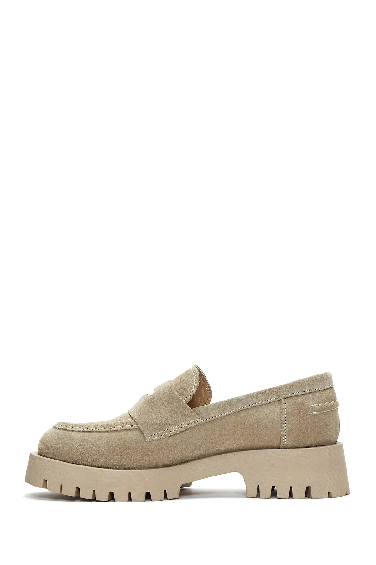 Kadın Bej Kalın Tabanlı Süet Deri Maskülen Loafer - Image 2