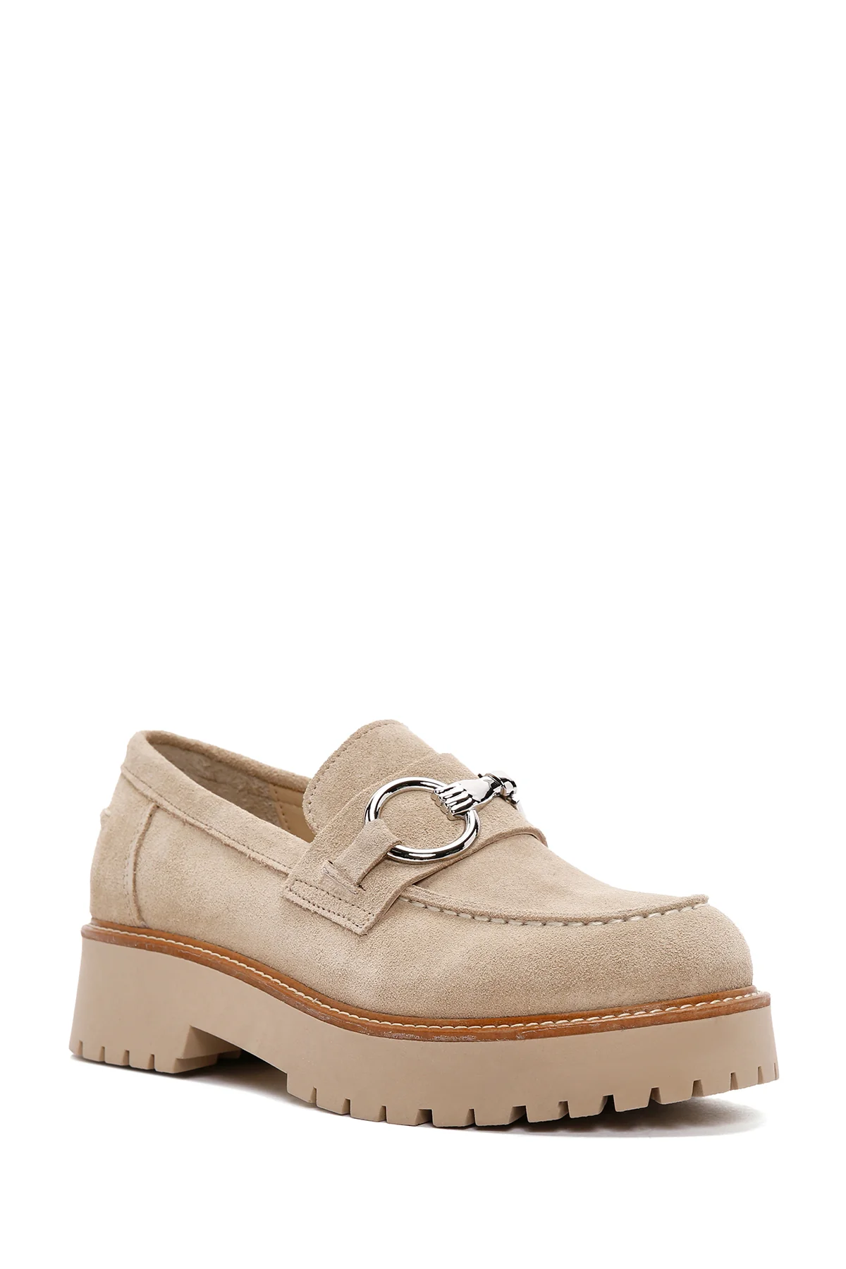 Kadın Bej Kalın Tabanlı Süet Deri Maskülen Loafer - Image 6