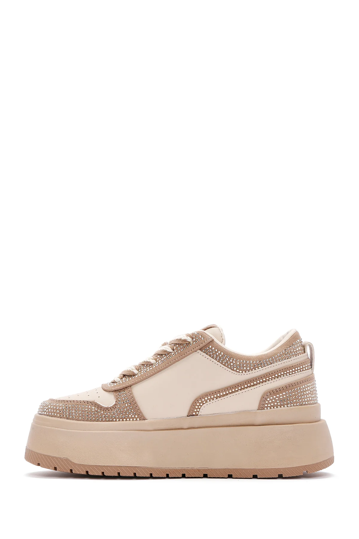 Kadın Bej Kalın Tabanlı Taşlı Bağcıklı Sneaker - Image 2