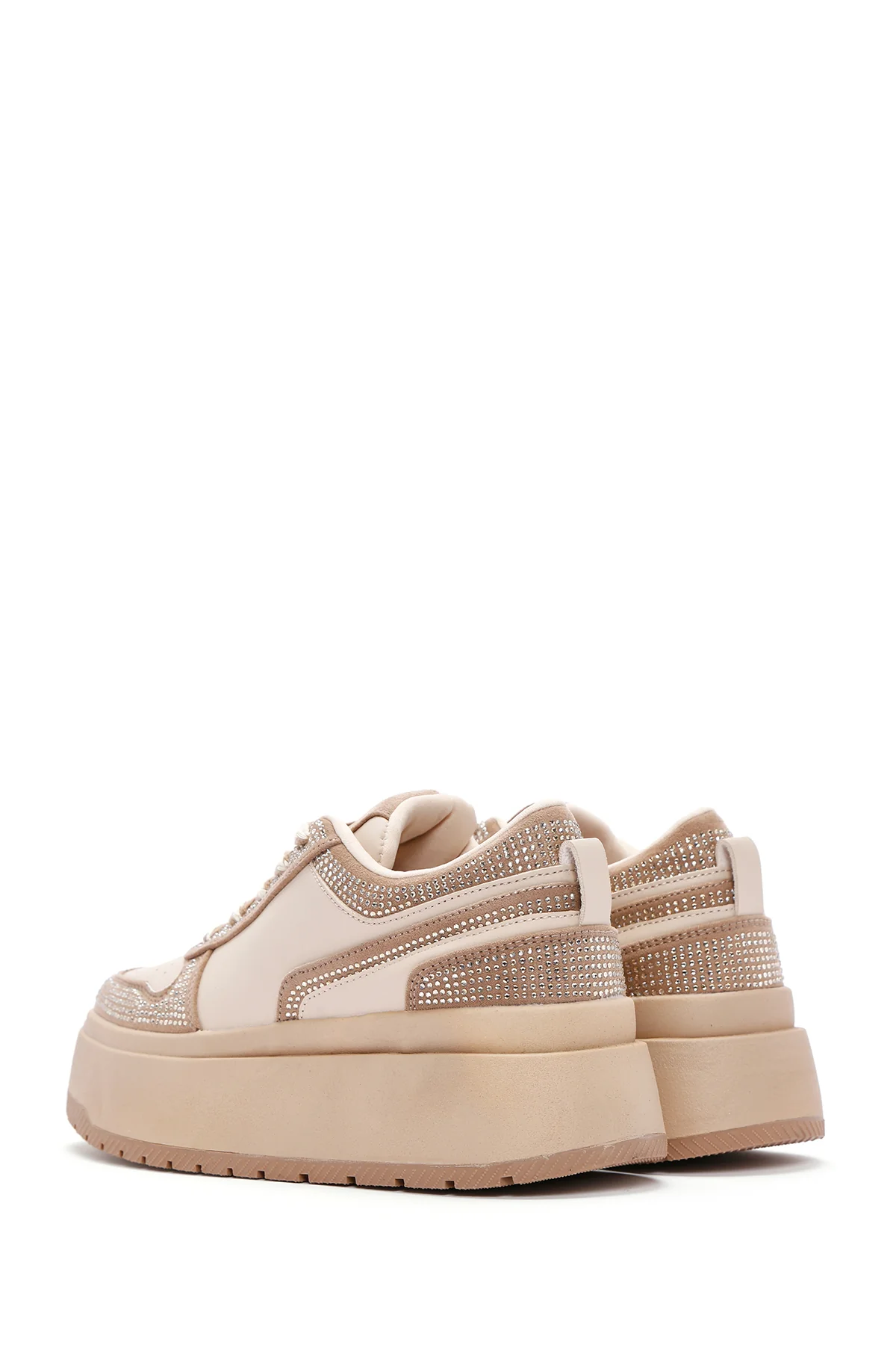 Kadın Bej Kalın Tabanlı Taşlı Bağcıklı Sneaker - Image 5