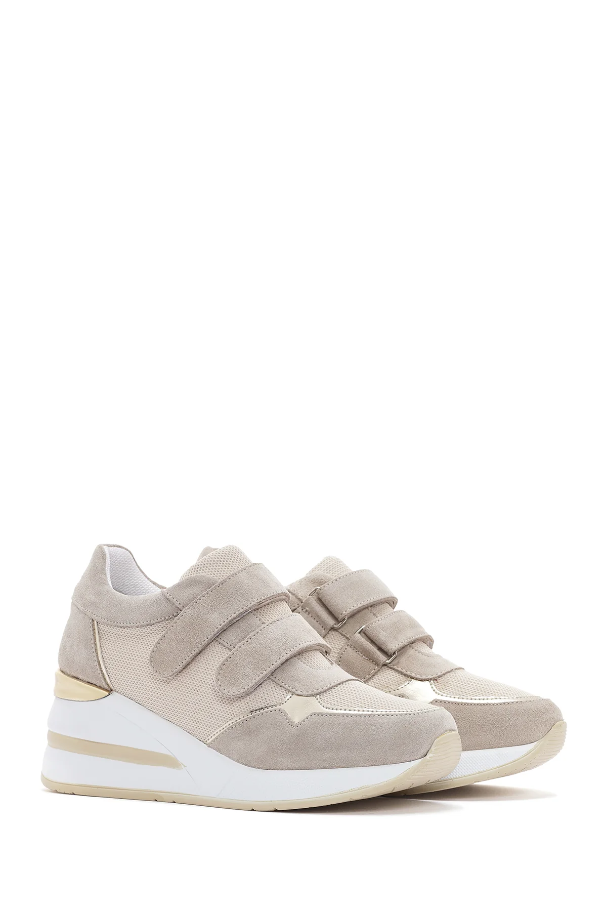 Kadın Bej Kalın Topuklu Bantlı Deri Sneaker - Image 3