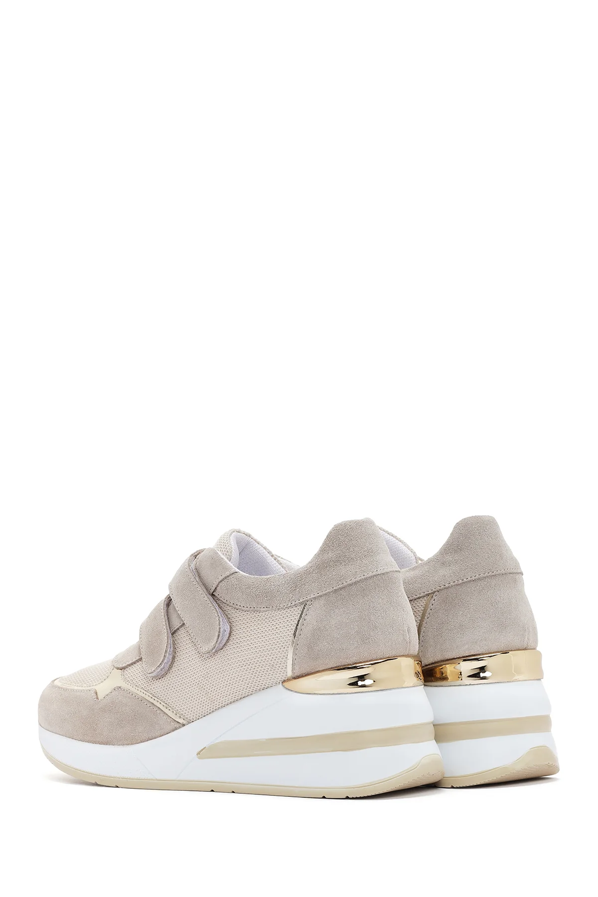 Kadın Bej Kalın Topuklu Bantlı Deri Sneaker - Image 5