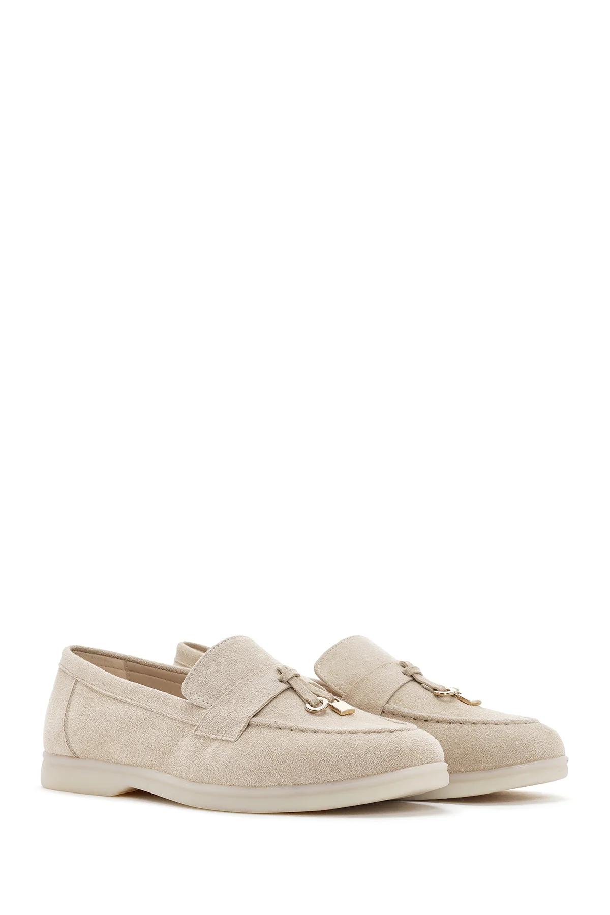 Kadın Bej Püsküllü Süet Maskülen Loafer - Image 3