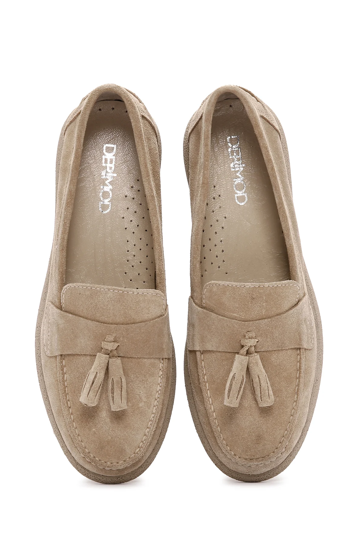 Kadın Bej Süet Deri Comfort Loafer - Image 7