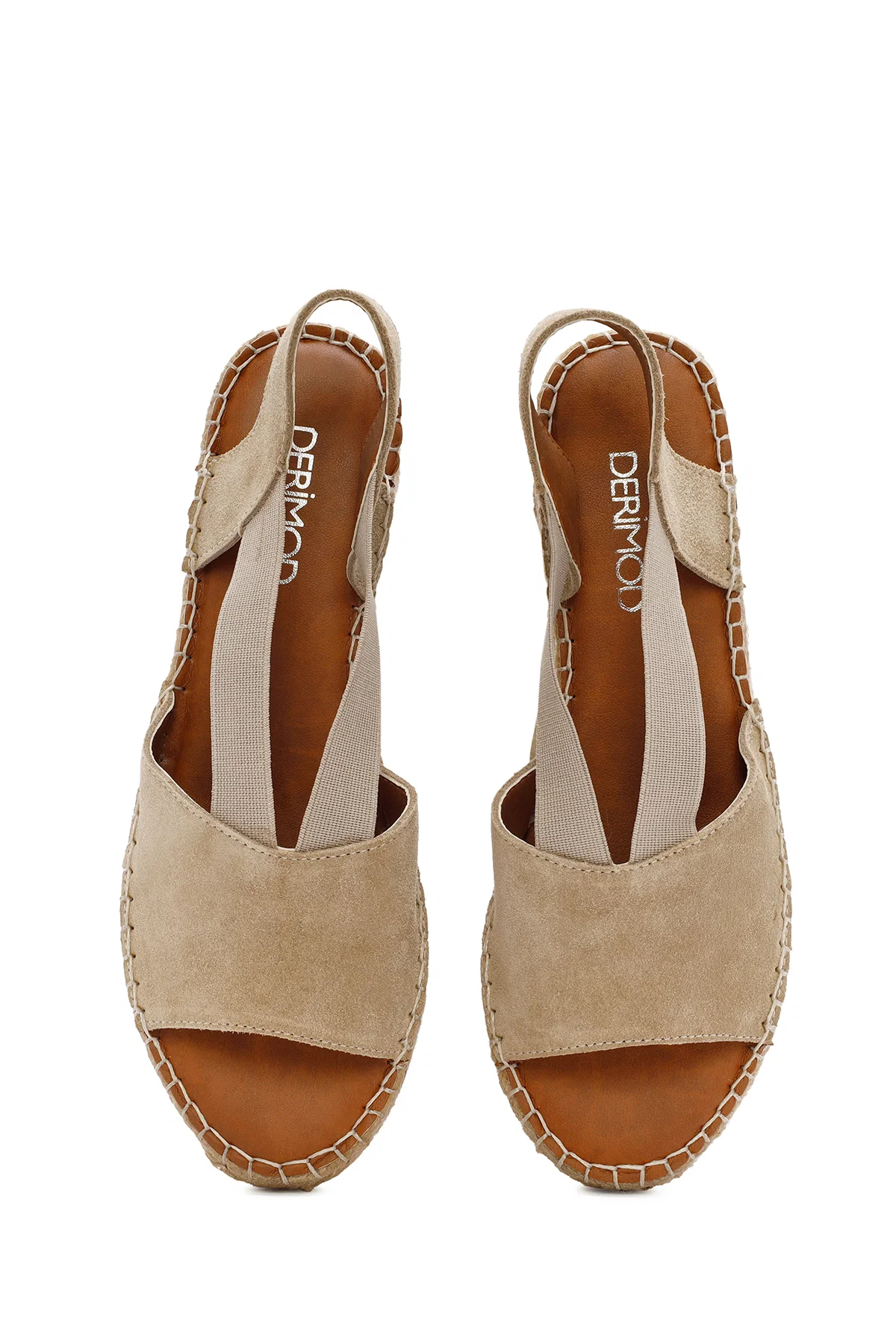 Kadın Bej Süet Deri Espadril Sandalet - Image 7