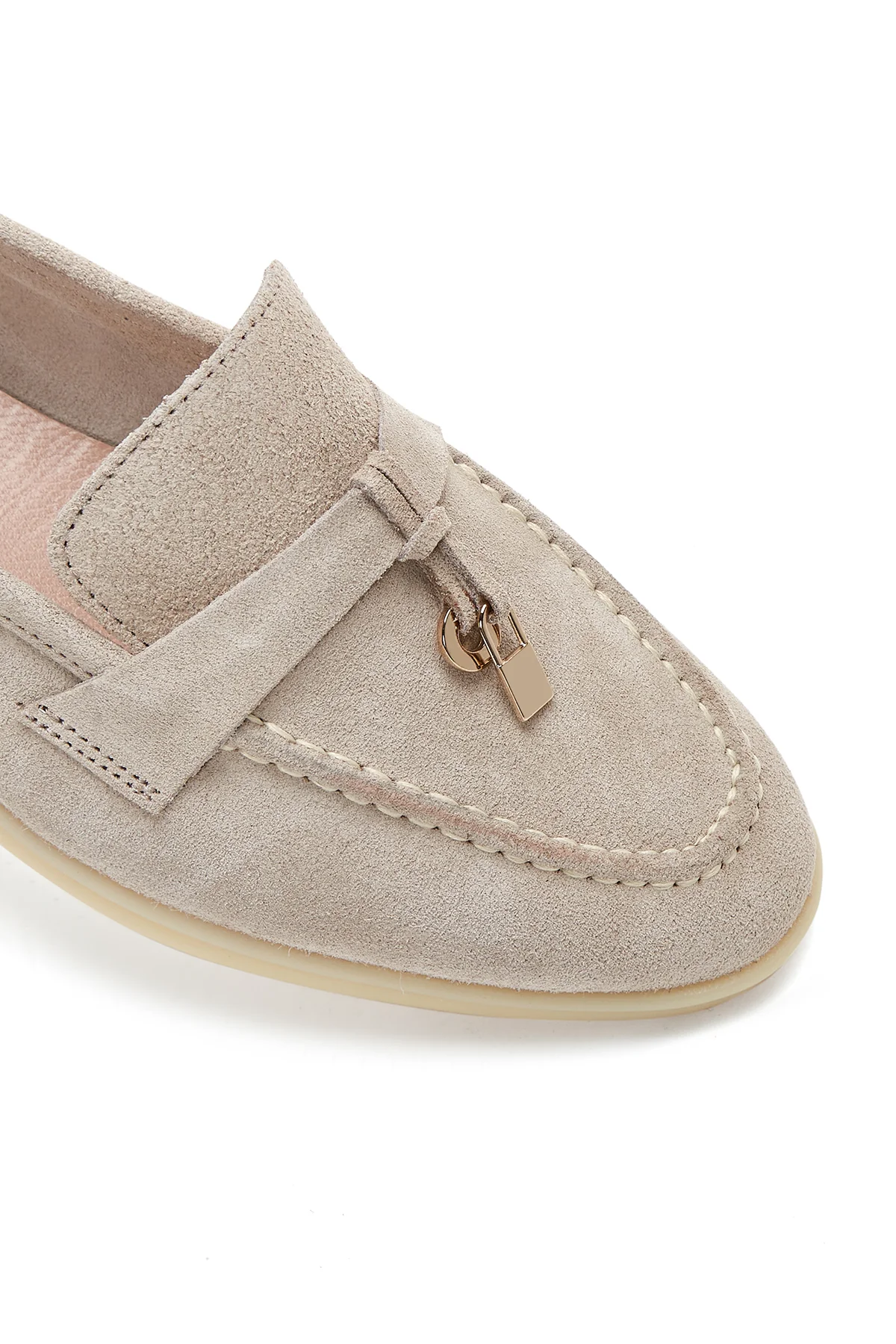 Kadın Bej Süet Deri Maskülen Loafer - Image 7