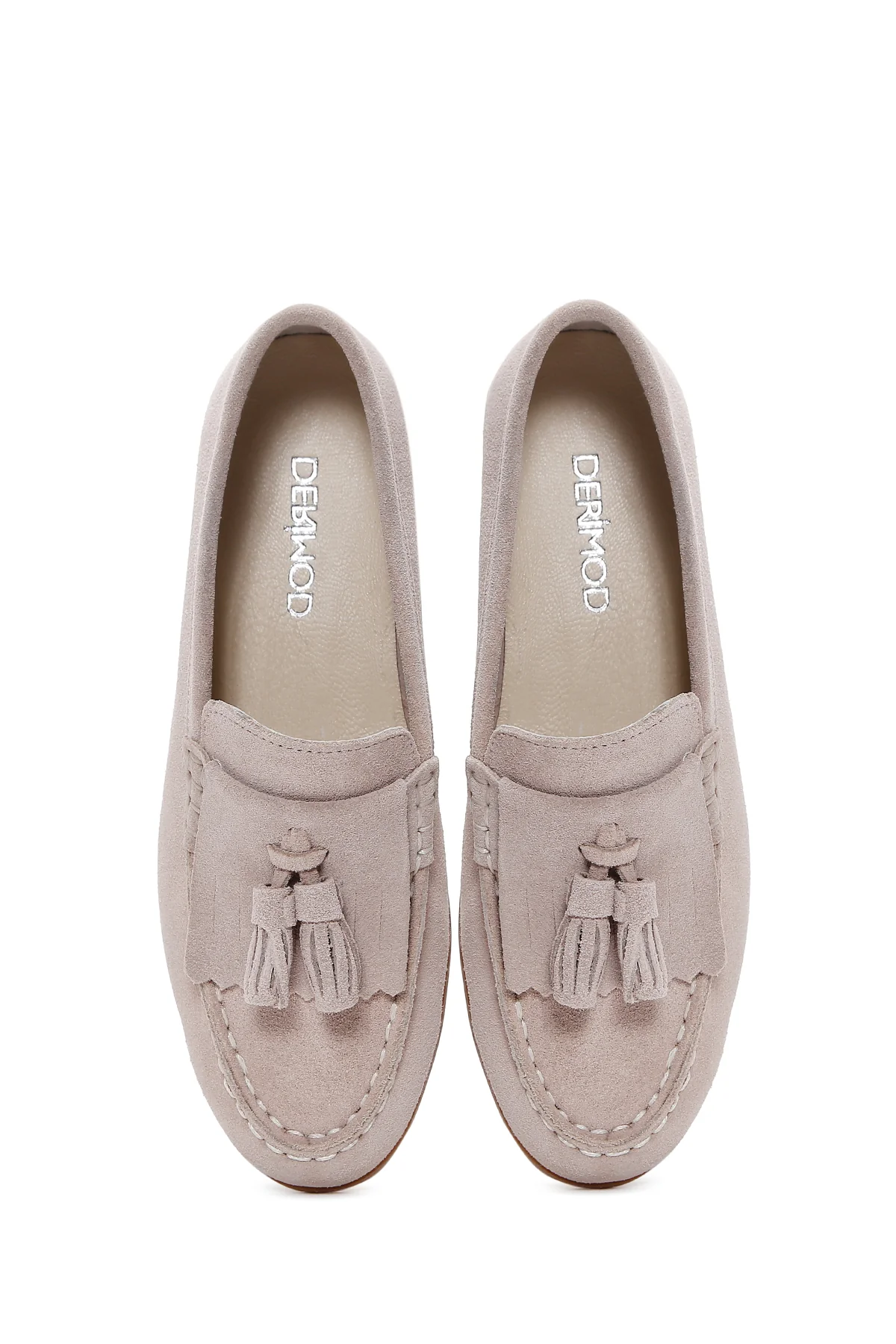 Kadın Bej Süet Deri Maskülen Loafer - Image 6