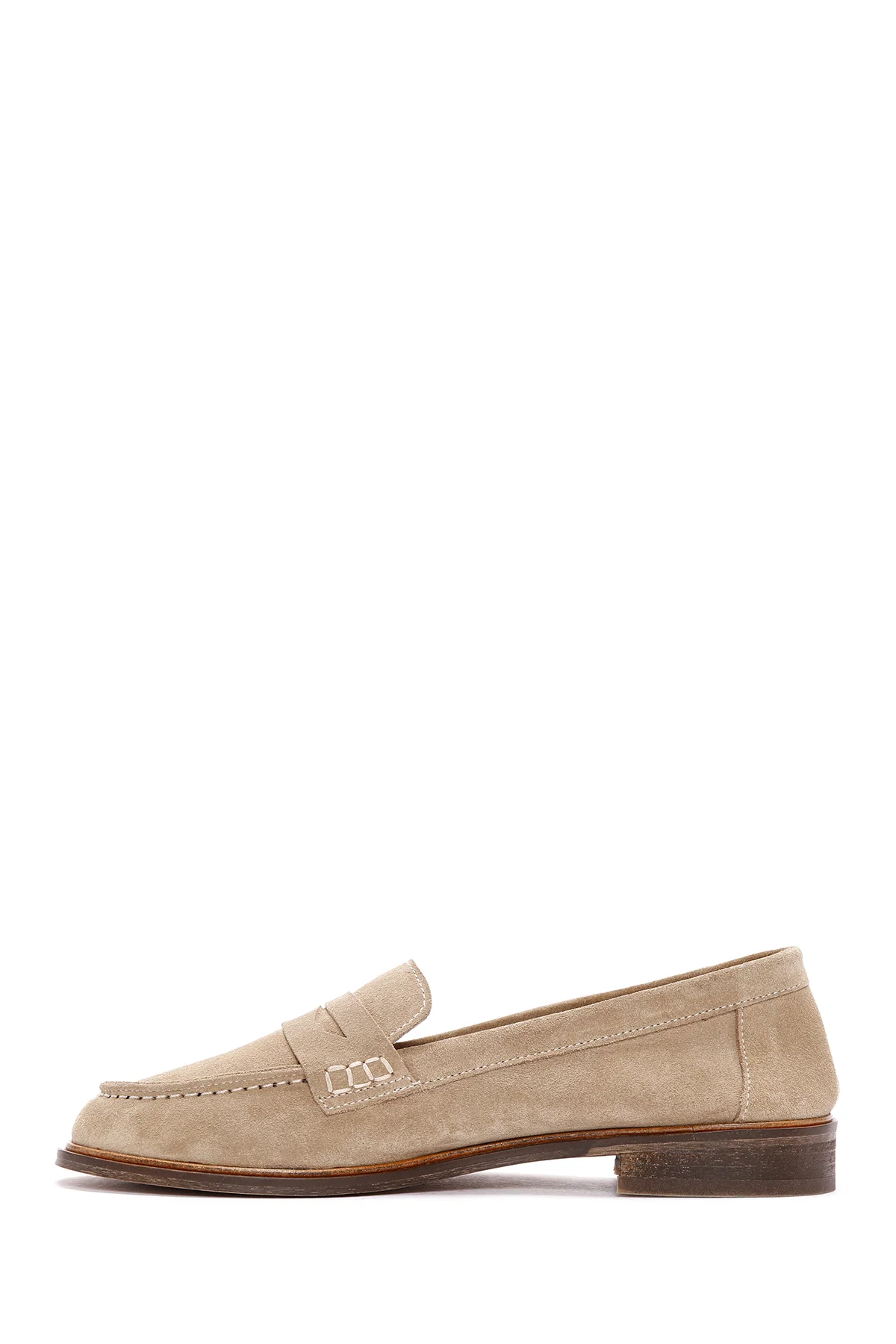 Kadın Bej Süet Deri Maskülen Loafer - Image 2