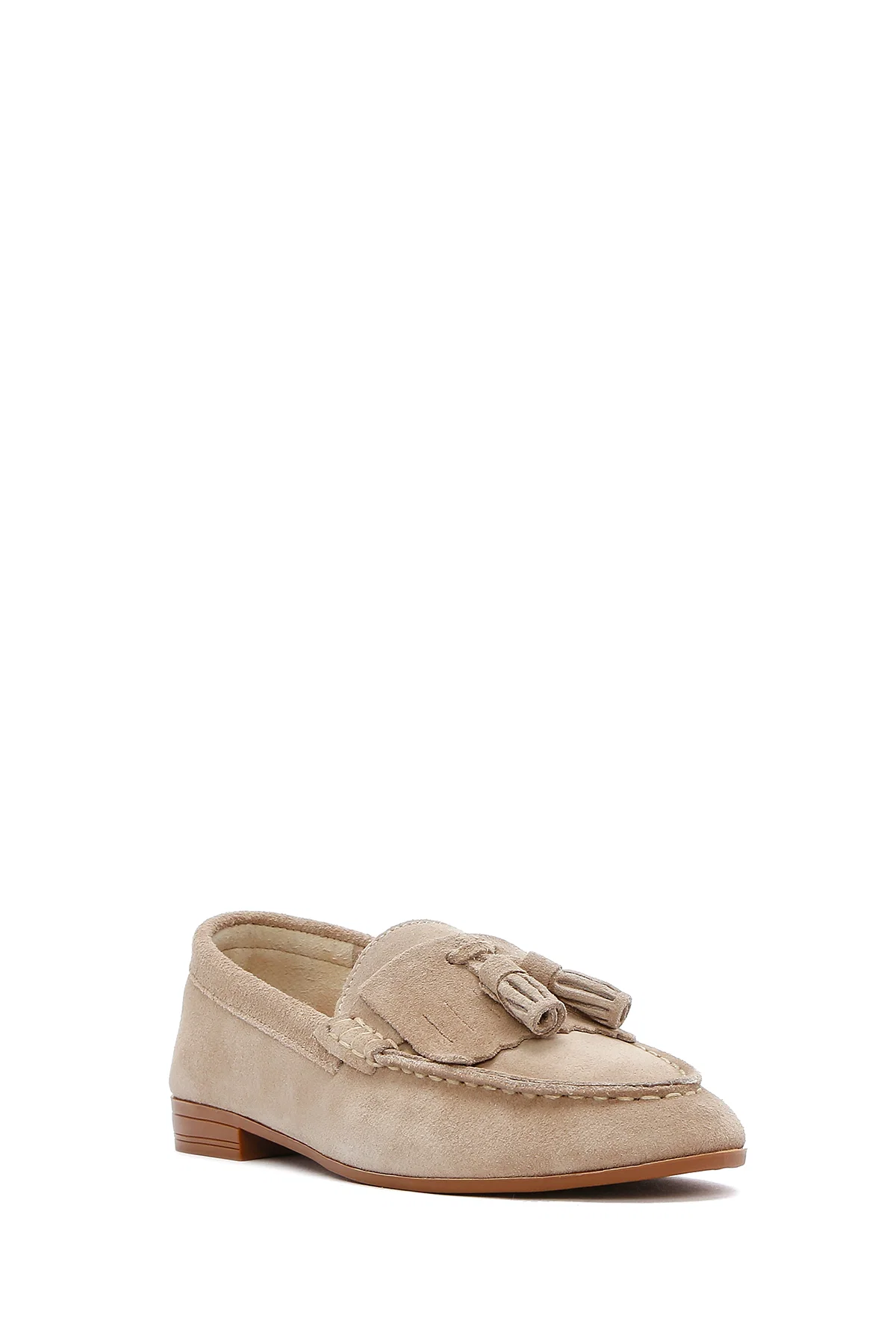 Kadın Bej Süet Deri Maskülen Loafer - Image 6