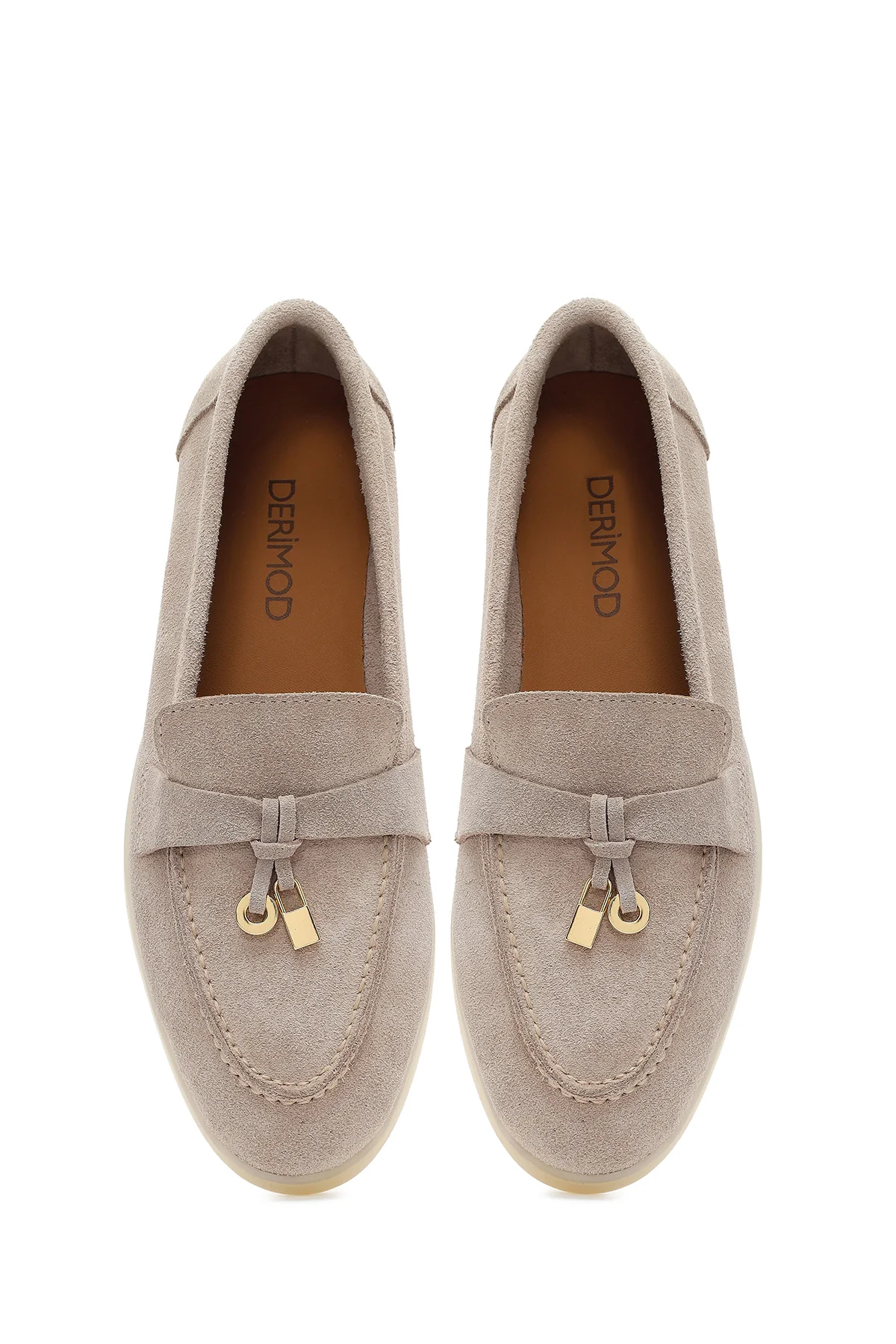 Kadın Bej Süet Deri Maskülen Loafer - Image 4