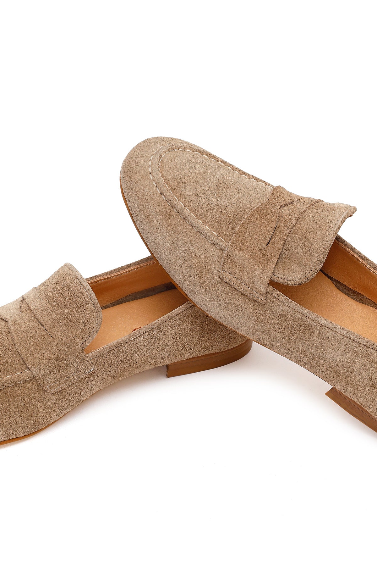 Kadın Bej Süet Deri Maskülen Loafer - Image 10