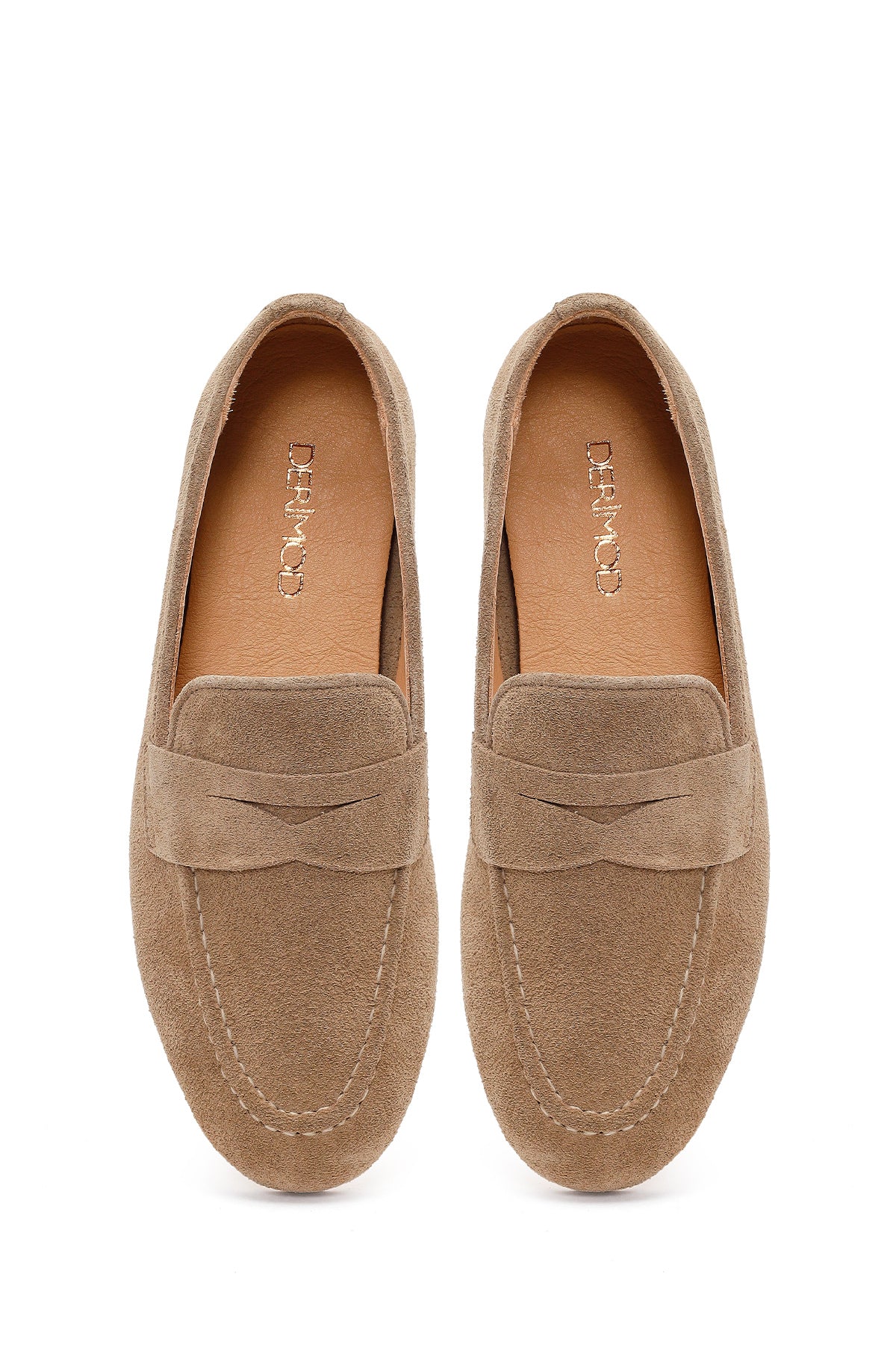 Kadın Bej Süet Deri Maskülen Loafer - Image 4