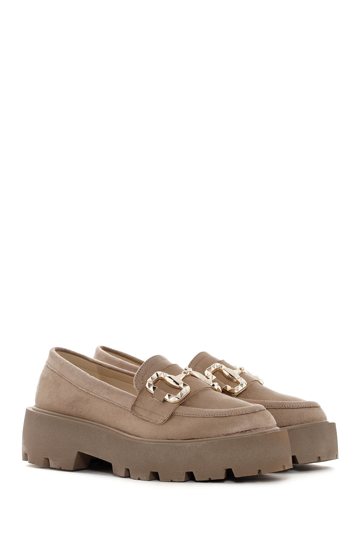 Kadın Bej Süet Tokalı Maskülen Loafer - Image 4