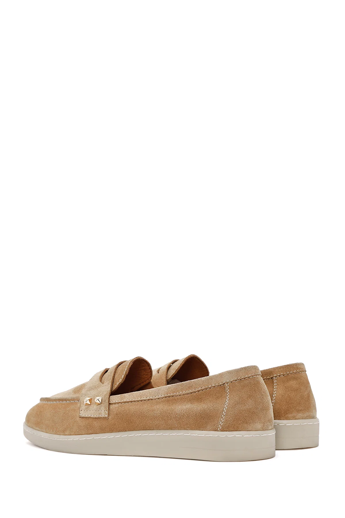 Kadın Bej Taş Detaylı Süet Deri Loafer - Image 5