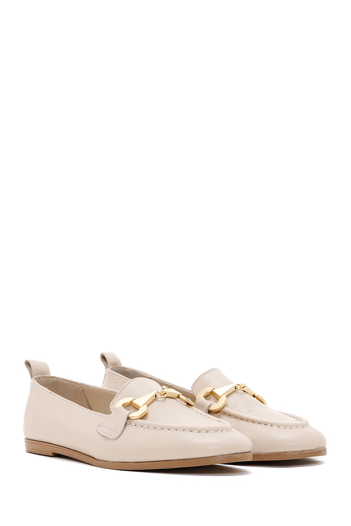 Kadın Bej Tokalı Deri Maskülen Loafer - Image 3