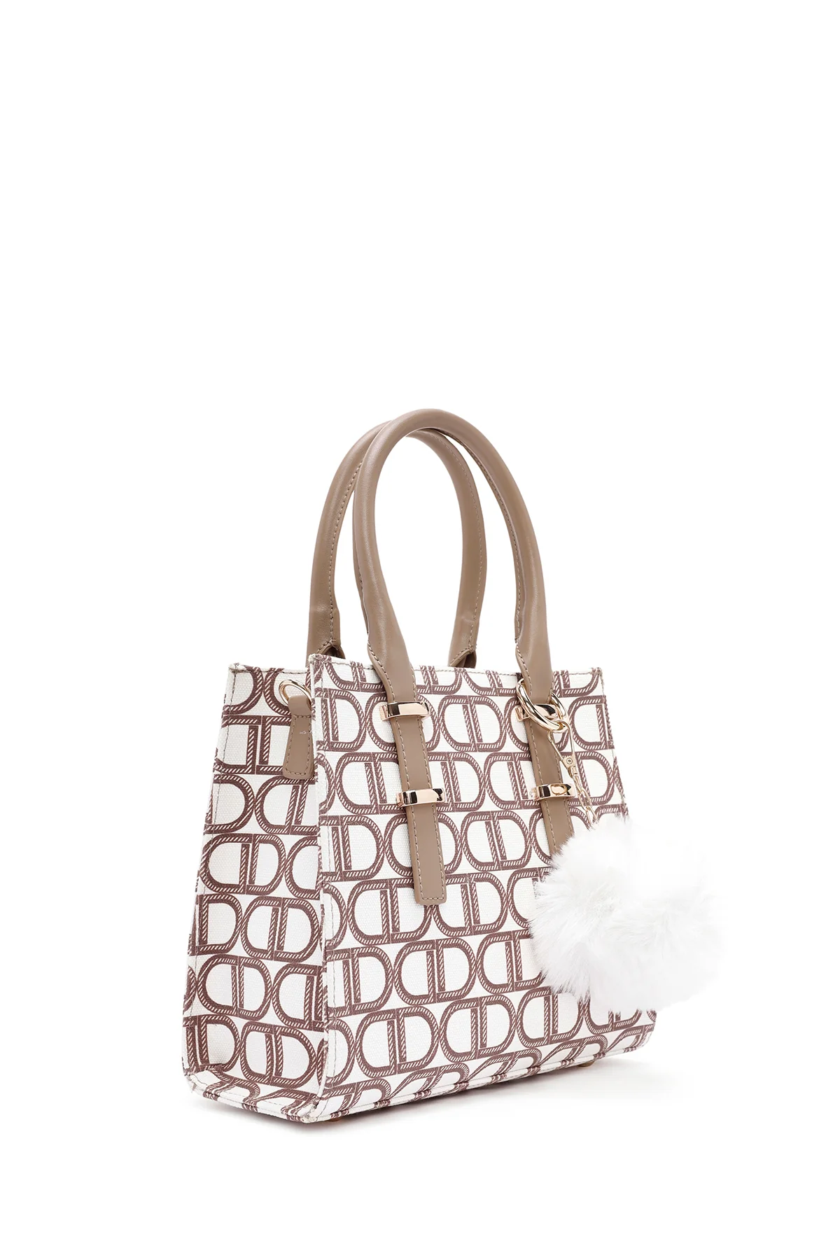 Kadın Bej Uzun Askılı Kumaş Monogram Desenli Kol Çantası - Image 5