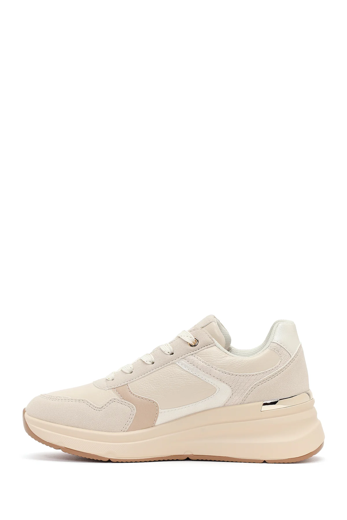 Kadın Bej Yandan Fermuarlı Bağcıklı Kalın Tabanlı Sneaker - Image 3