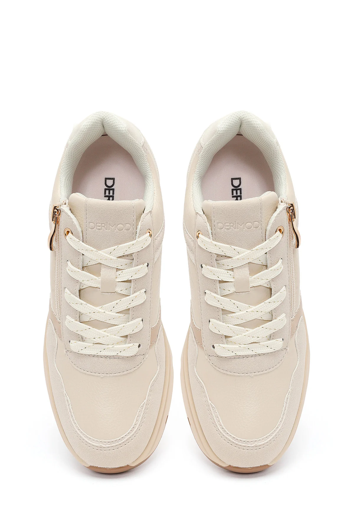 Kadın Bej Yandan Fermuarlı Bağcıklı Kalın Tabanlı Sneaker - Image 4