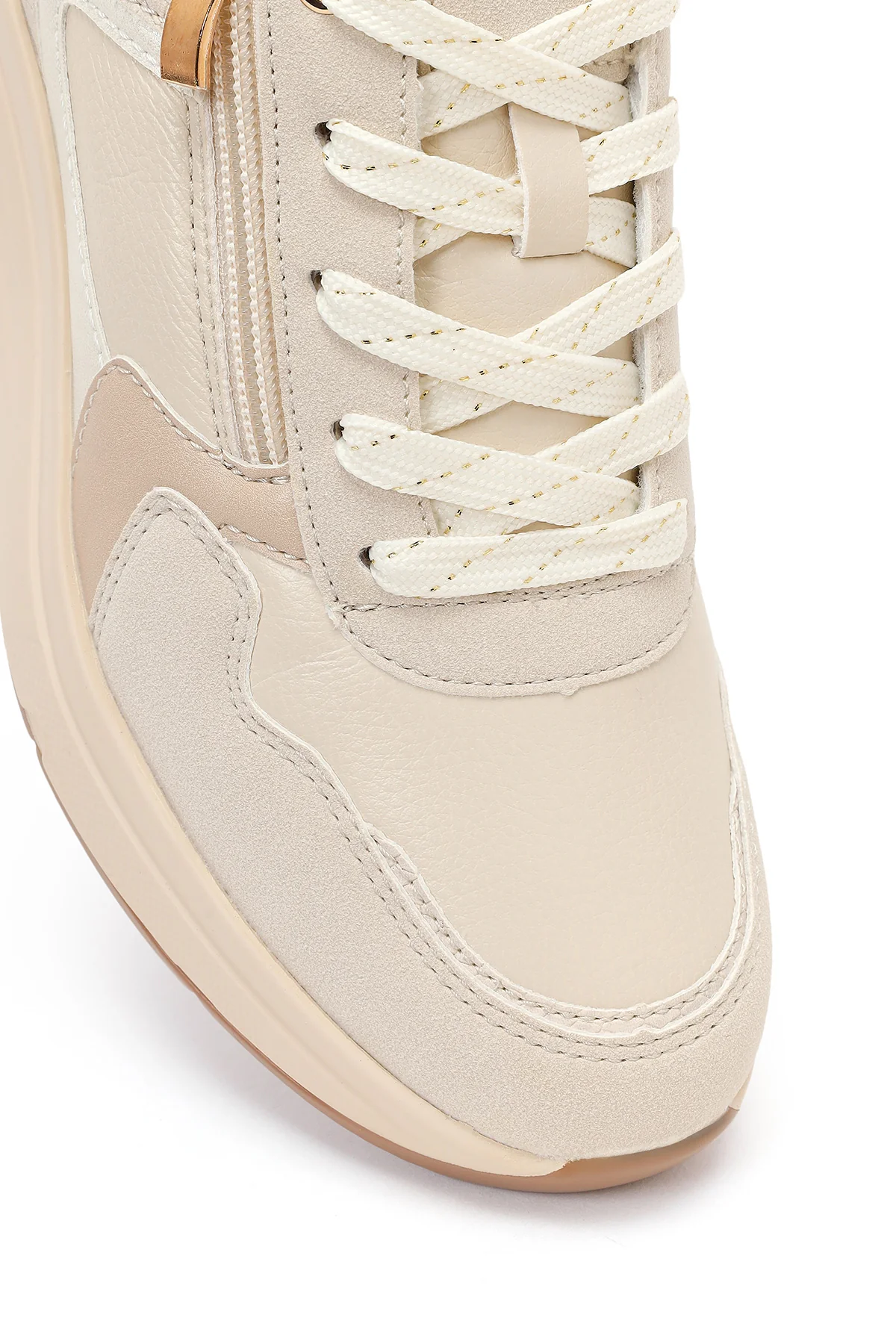 Kadın Bej Yandan Fermuarlı Bağcıklı Kalın Tabanlı Sneaker - Image 9