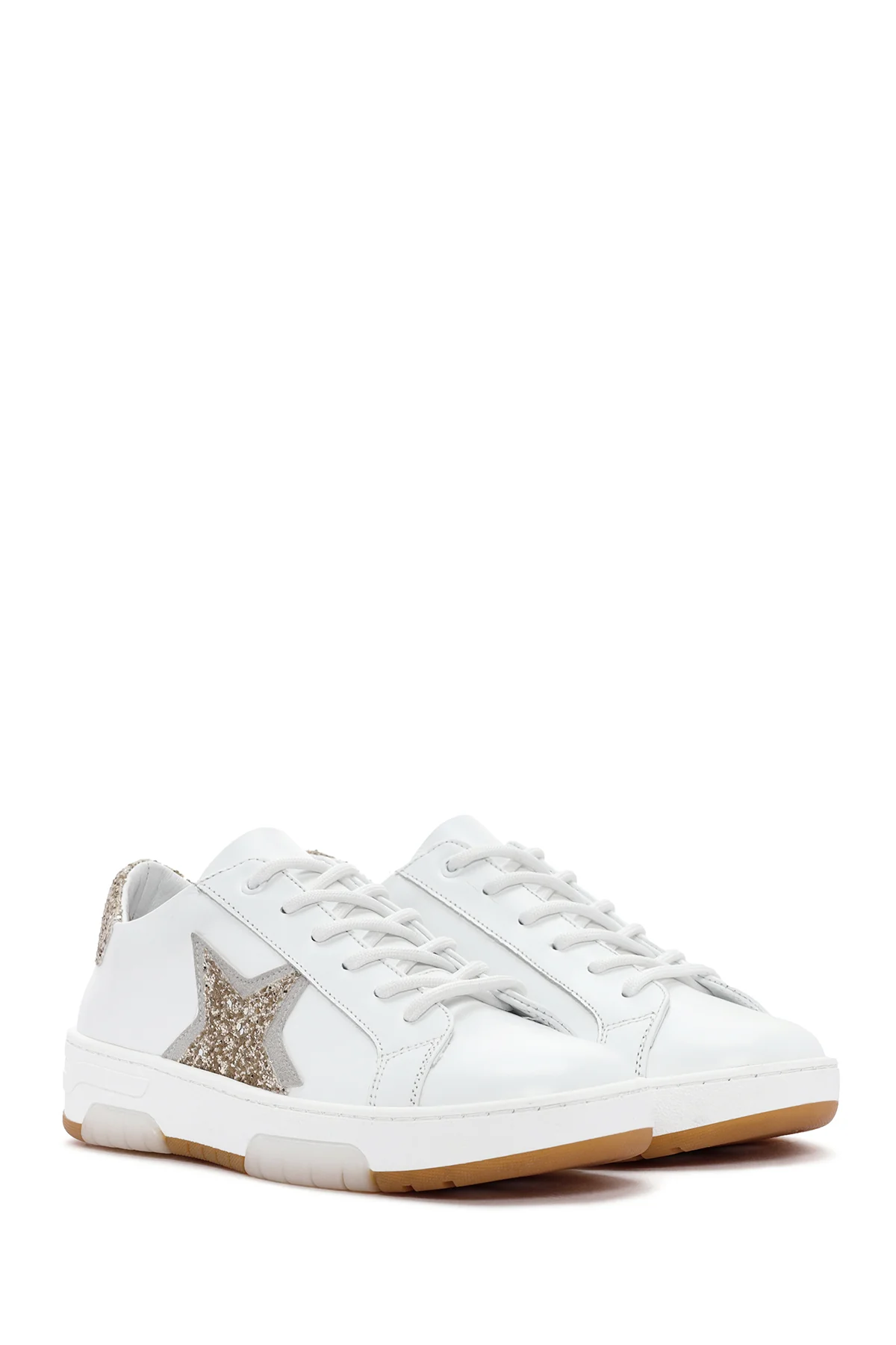 Kadın Beyaz Bağcıklı Kalın Tabanlı Taşlı Deri Sneaker - Image 3
