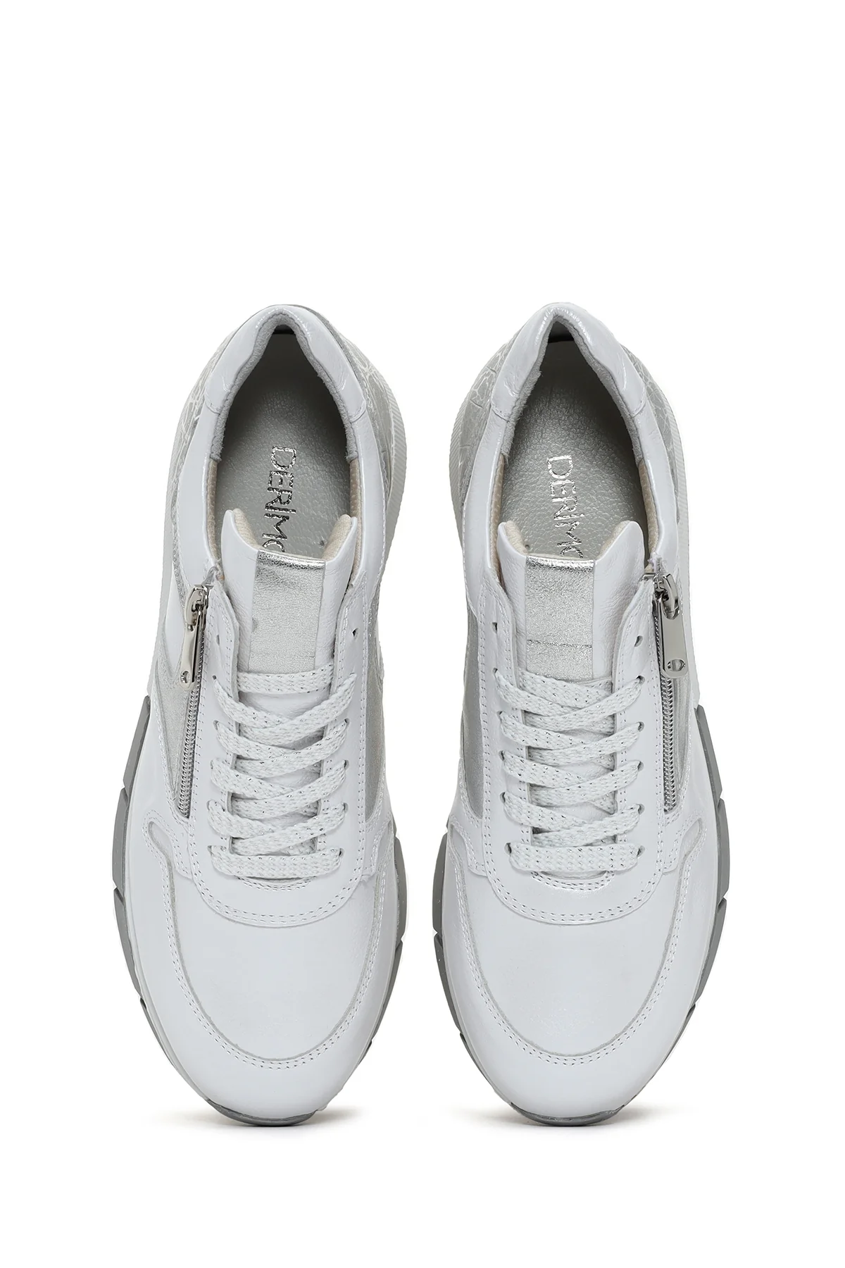 Kadın Beyaz Bağcıklı Yandan Fermuarlı Deri Sneaker - Image 7