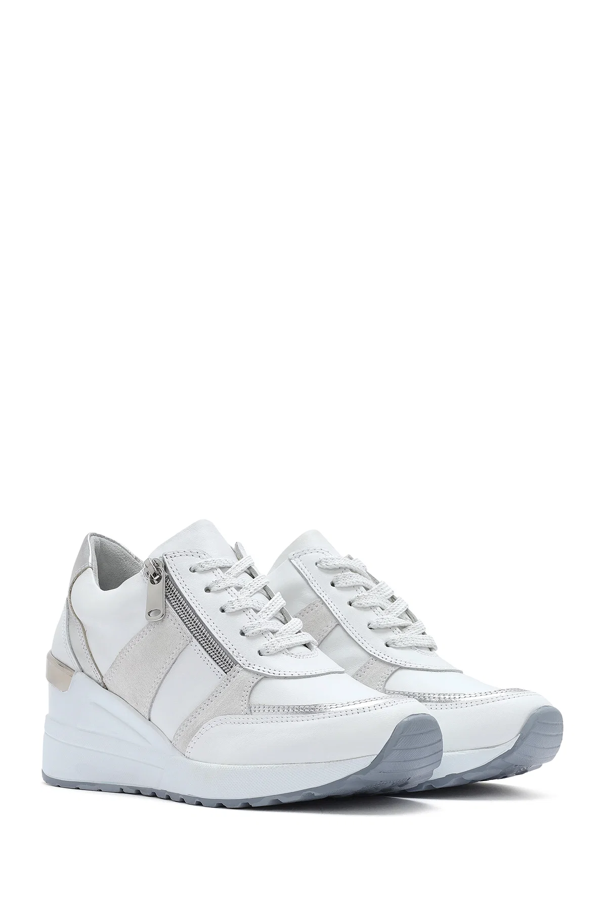 Kadın Beyaz Dolgu Topuklu Yandan Fermuarlı Deri Sneaker - Image 3