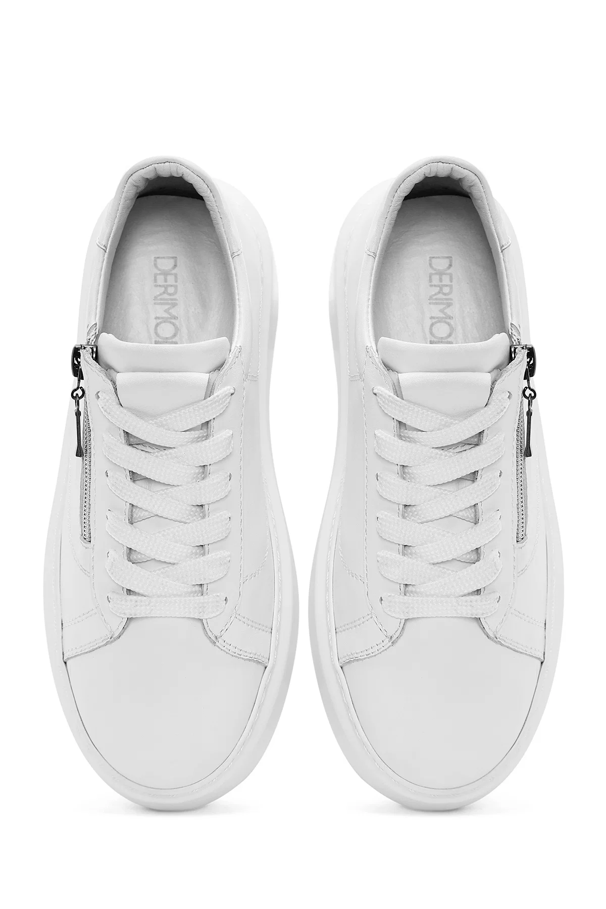 Kadın Beyaz Fermuarlı Bağcıklı Kalın Tabanlı Deri Sneaker - Image 6