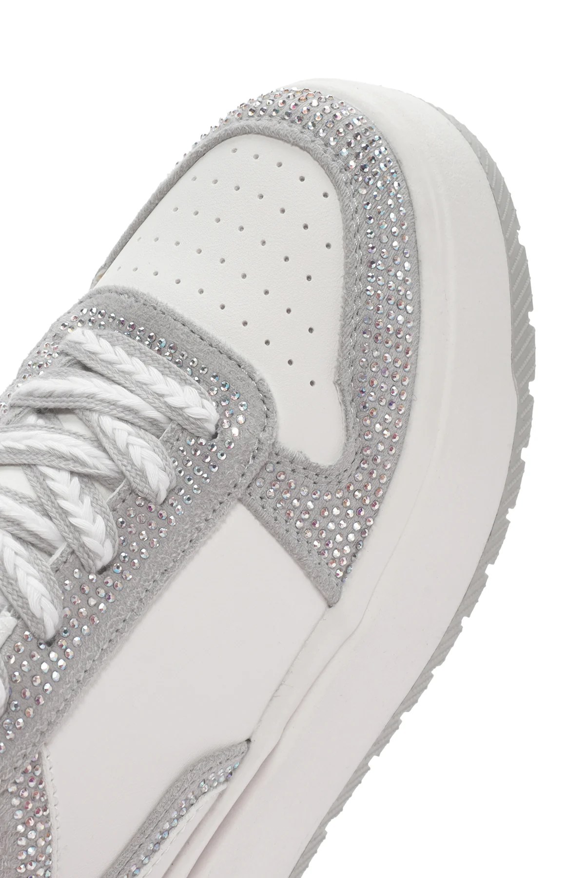 Kadın Beyaz Kalın Tabanlı Taşlı Bağcıklı Sneaker - Image 10