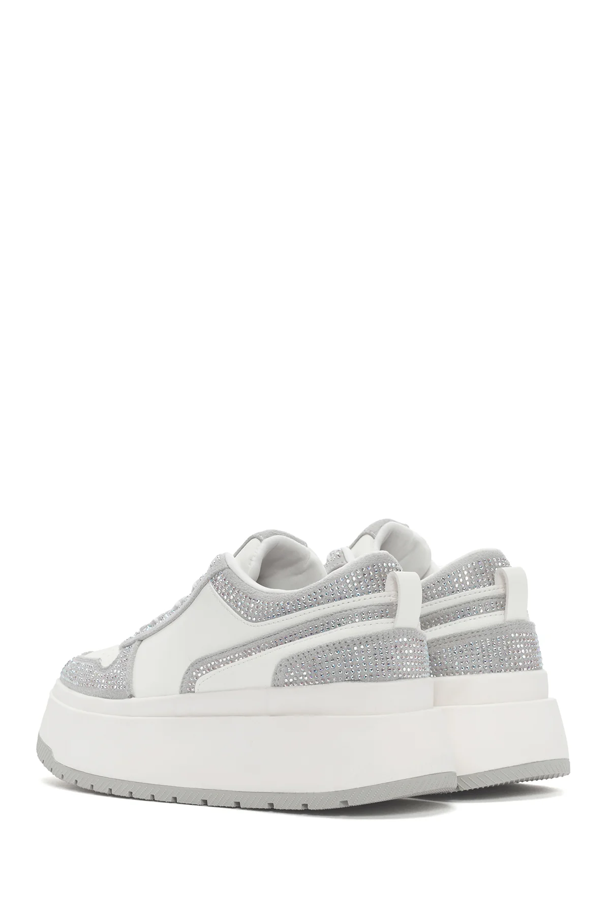 Kadın Beyaz Kalın Tabanlı Taşlı Bağcıklı Sneaker - Image 5