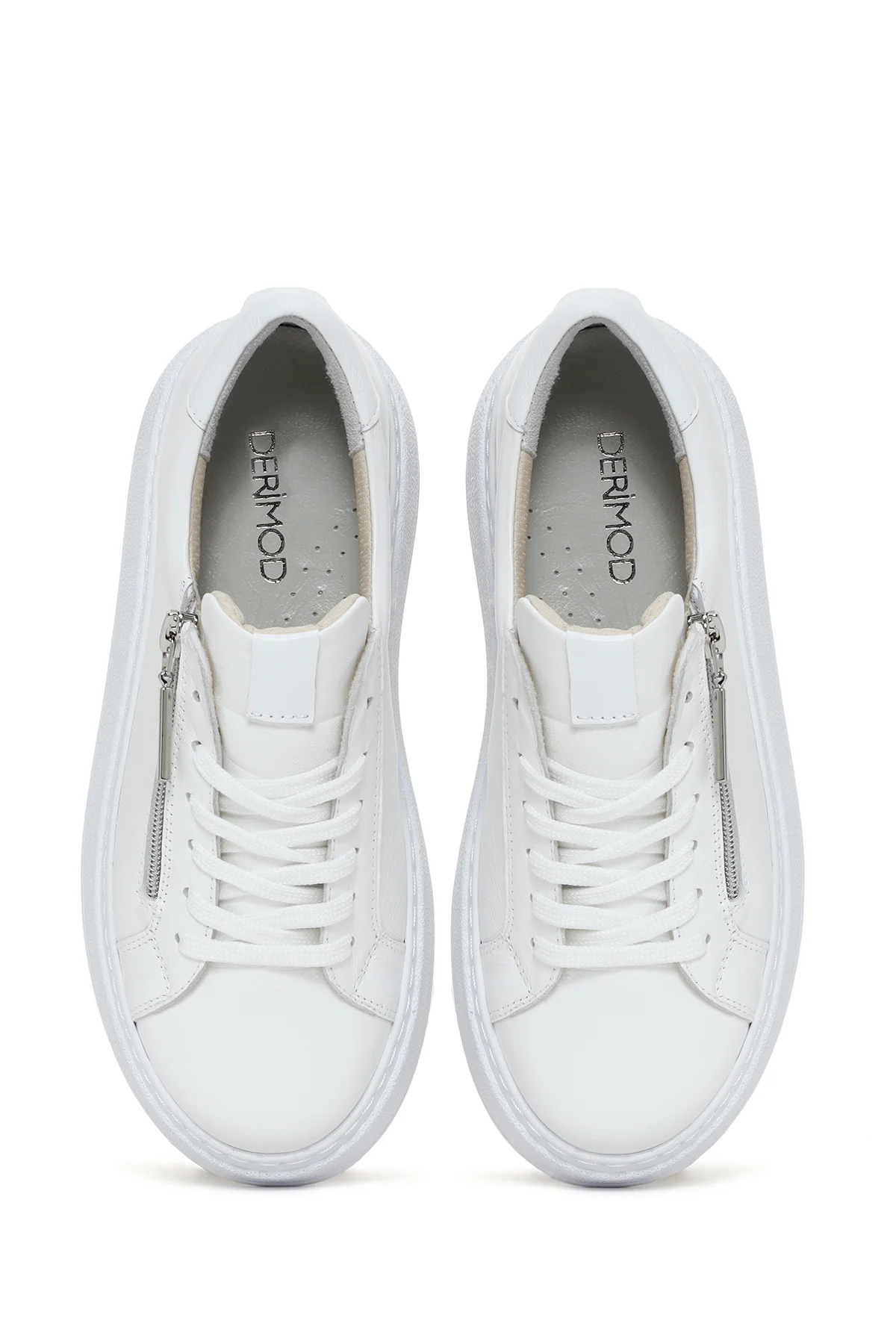 Kadın Beyaz Kalın Tabanlı Yandan Fermuarlı Deri Sneaker - Image 7