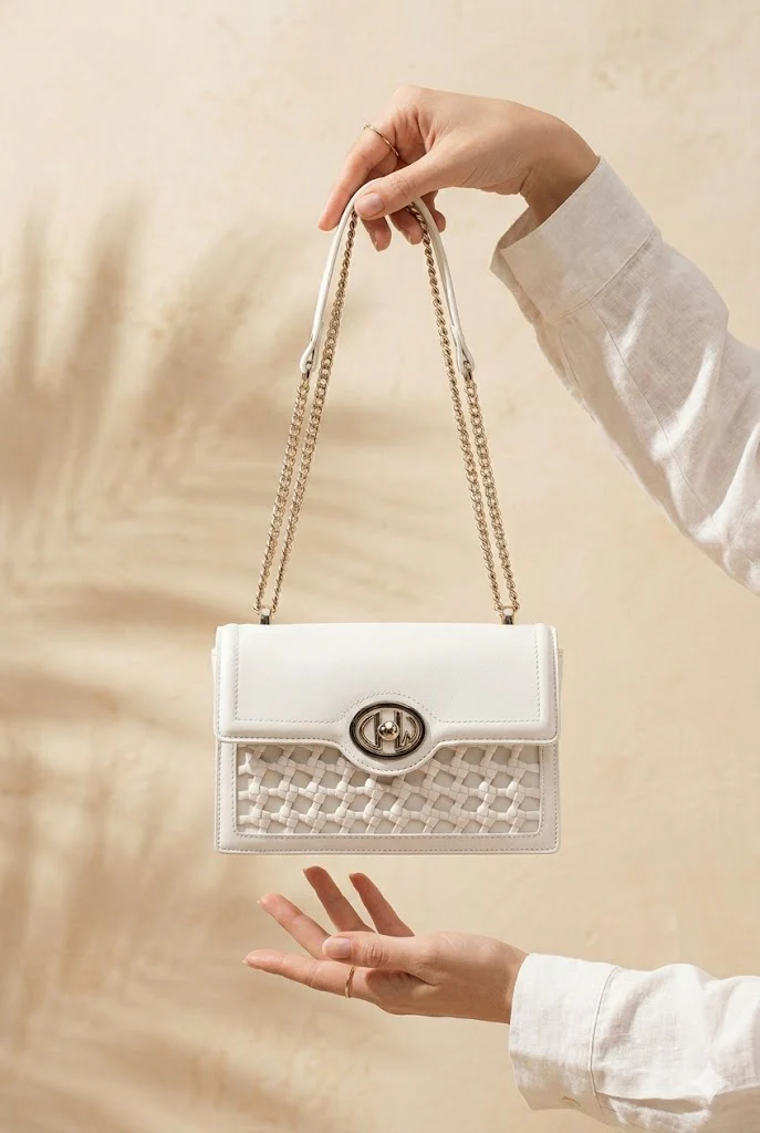 Kadın Beyaz Zincir Askılı Örgülü Çapraz Çanta - Image 2