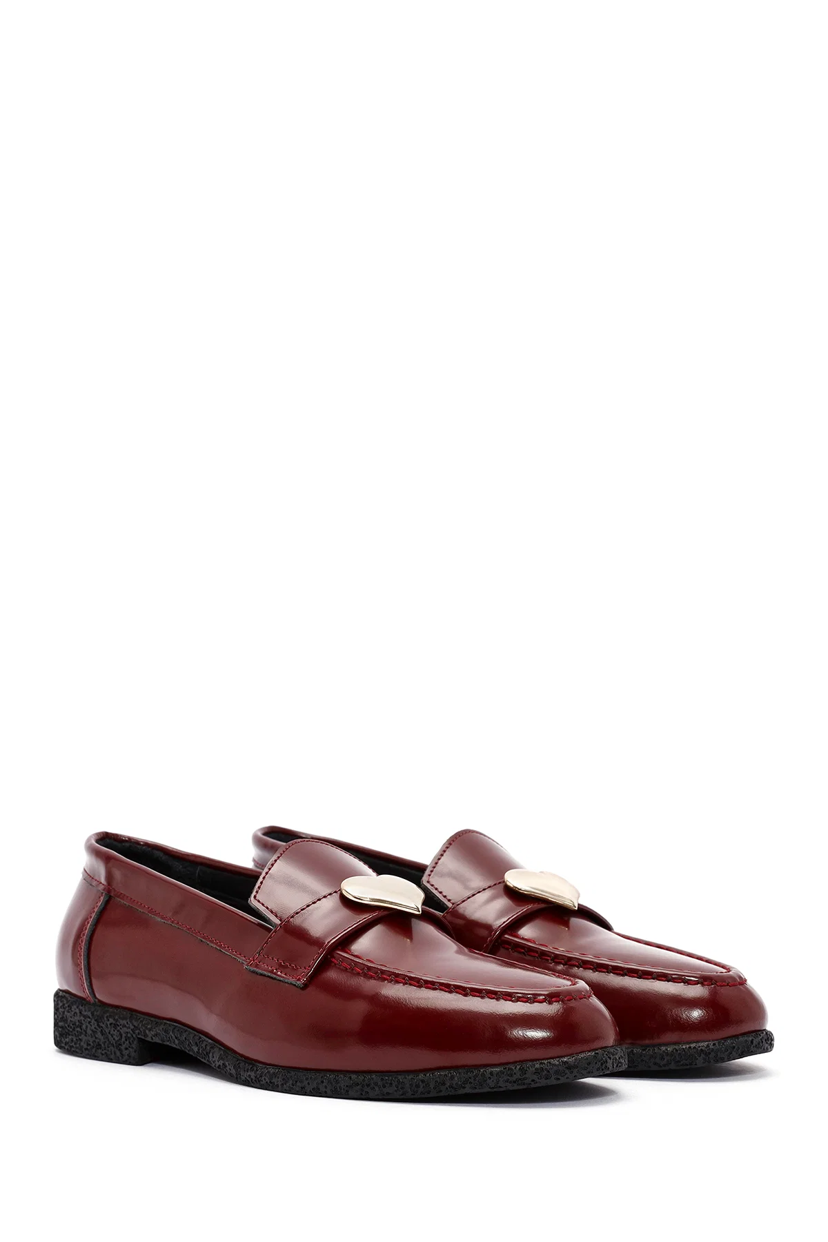 Kadın Bordo Aksesuar Detaylı Deri Maskülen Loafer - Image 3