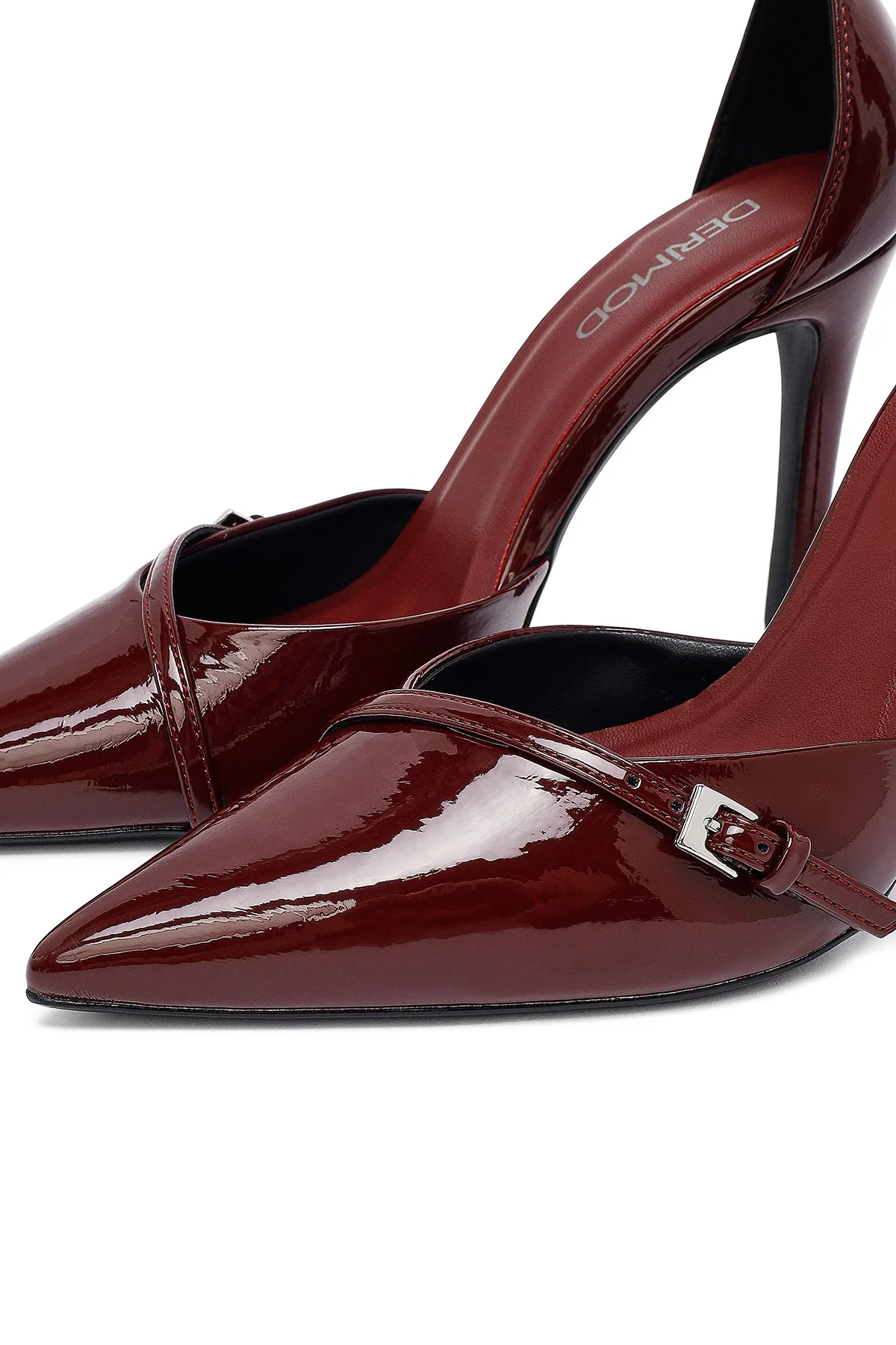 Kadın Bordo Bilekten Tokalı Yüksek İnce Topuklu Rugan Stiletto - Image 9