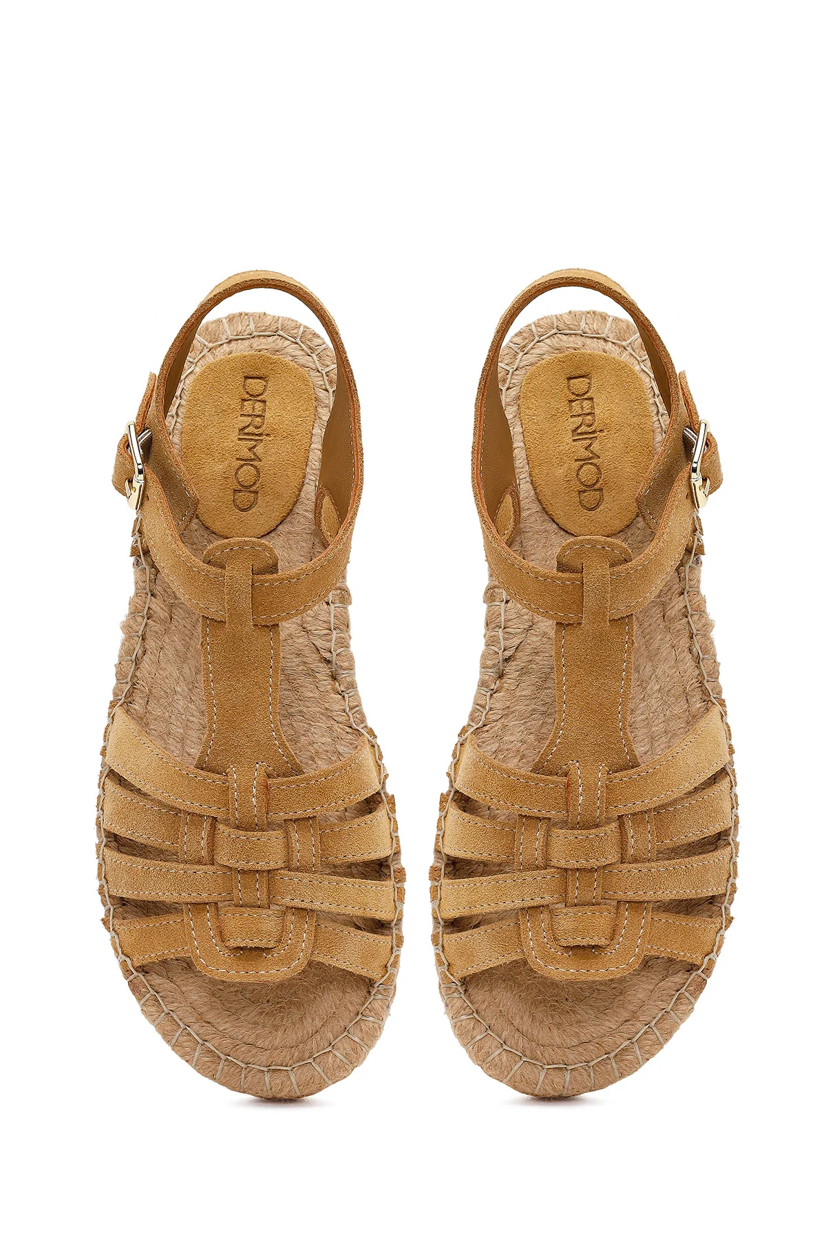 Kadın Camel Bilekten Tokalı Süet Deri Espadril Sandalet - Image 4