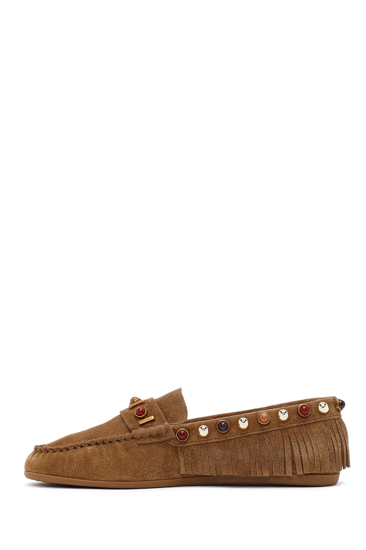 Kadın Camel Püsküllü Süet Deri Loafer - Image 3