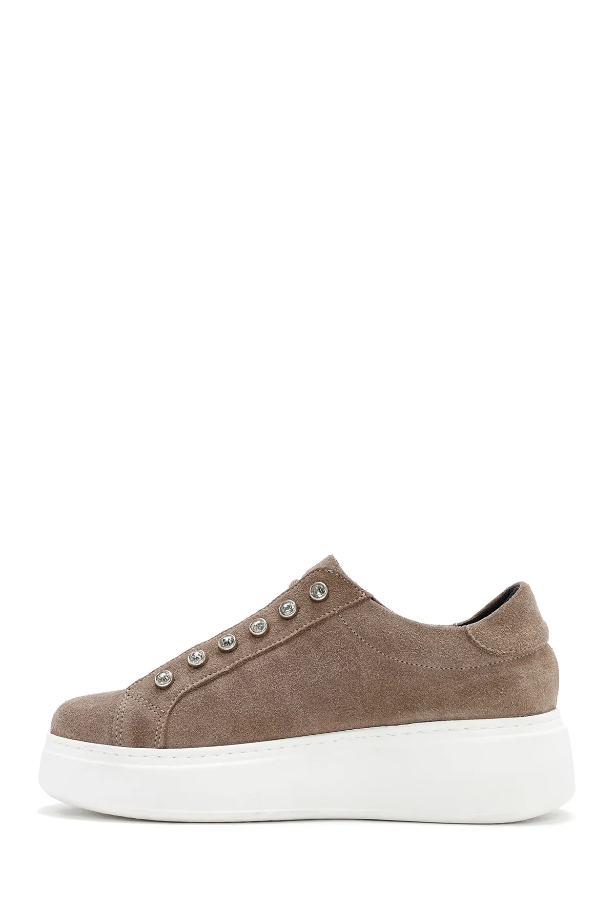 Kadın Gri Bağcıklı Taş Detaylı Süet Deri Sneaker - Image 2