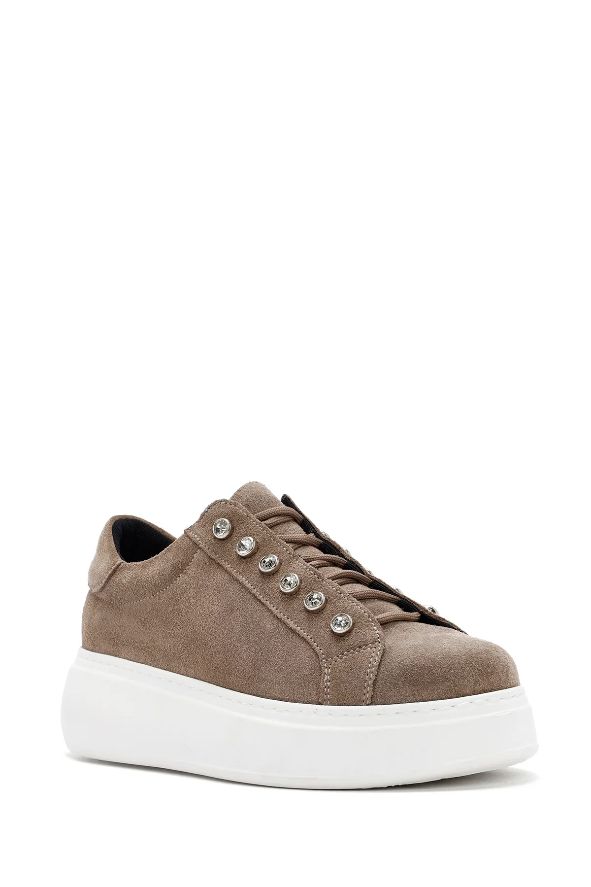 Kadın Gri Bağcıklı Taş Detaylı Süet Deri Sneaker - Image 6