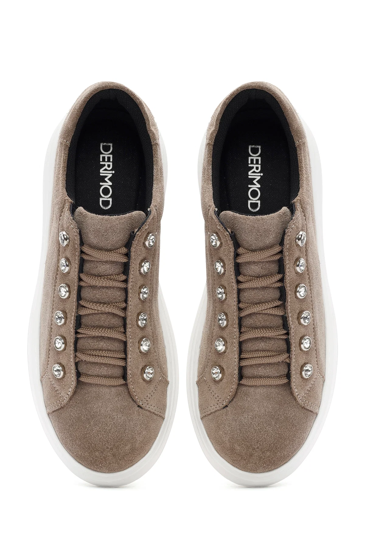 Kadın Gri Bağcıklı Taş Detaylı Süet Deri Sneaker - Image 7