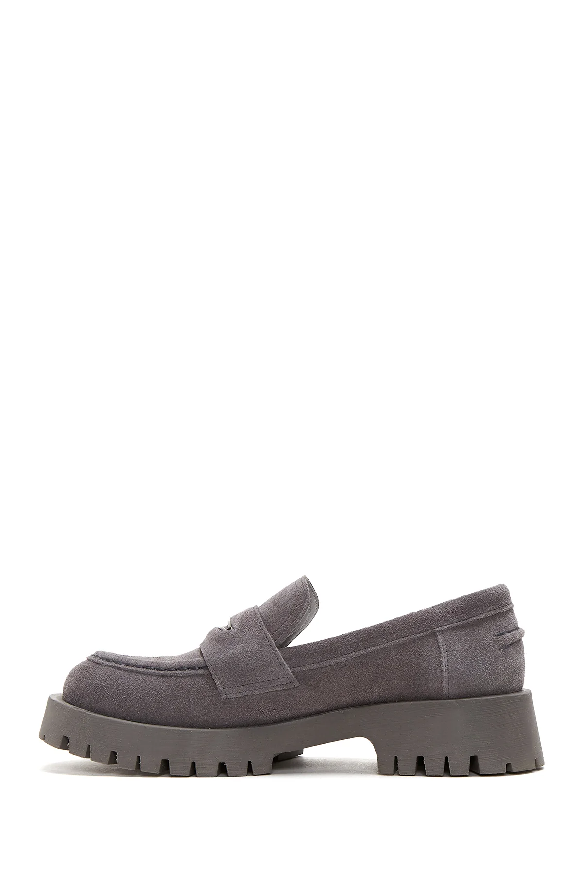 Kadın Gri Deri Süet Maskülen Loafer - Image 2